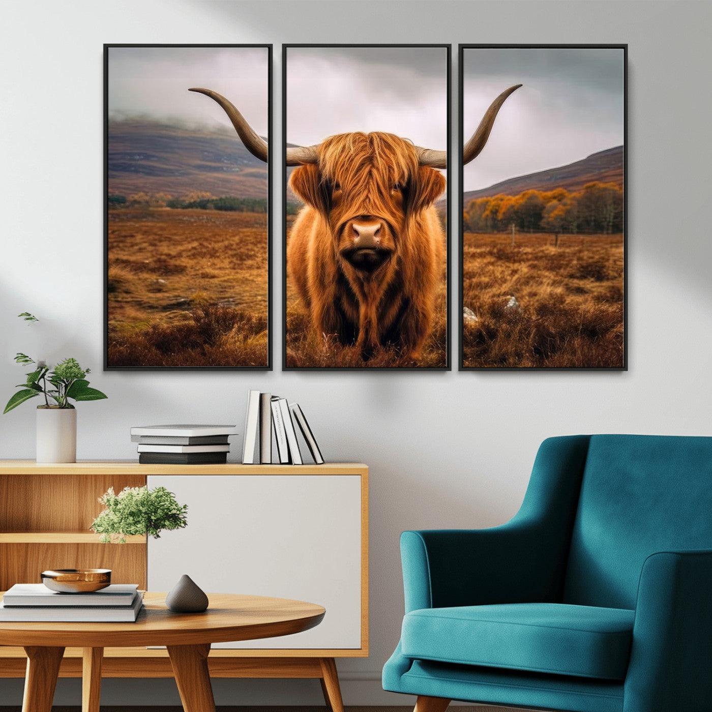 65529-MGV-FC-48X32-3P_Black-Highland Cow Longhorn Wall Art – Rustic Canvas Print, Framed and Ready to Hang for Farmhouse Décor