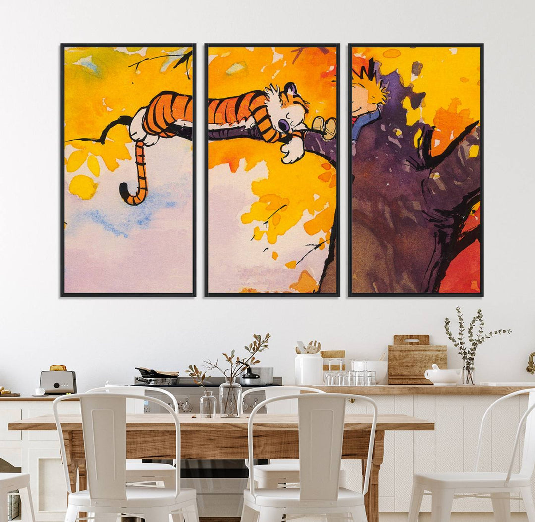 Premium canvas Calvin Wall Arts featuring a boy and tiger relaxing on a branch.