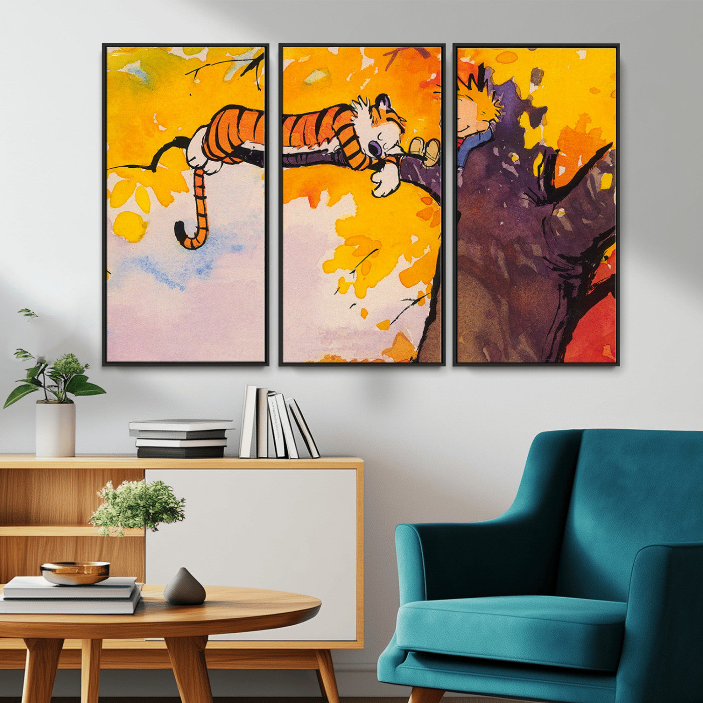 MGV-FC-48X32-3P - Calvin and Hobbes Tree Scene Canvas Print | 3 Panel Large Wall Art for Living Room or Kid’s Room,