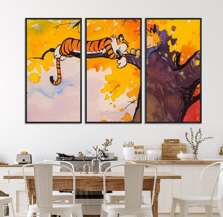 A wall art featuring a boy and a tiger amidst autumn leaves, reminiscent of the Calvin and Hobbes Tree Scene Canvas Print, ideal for creating a playful atmosphere.