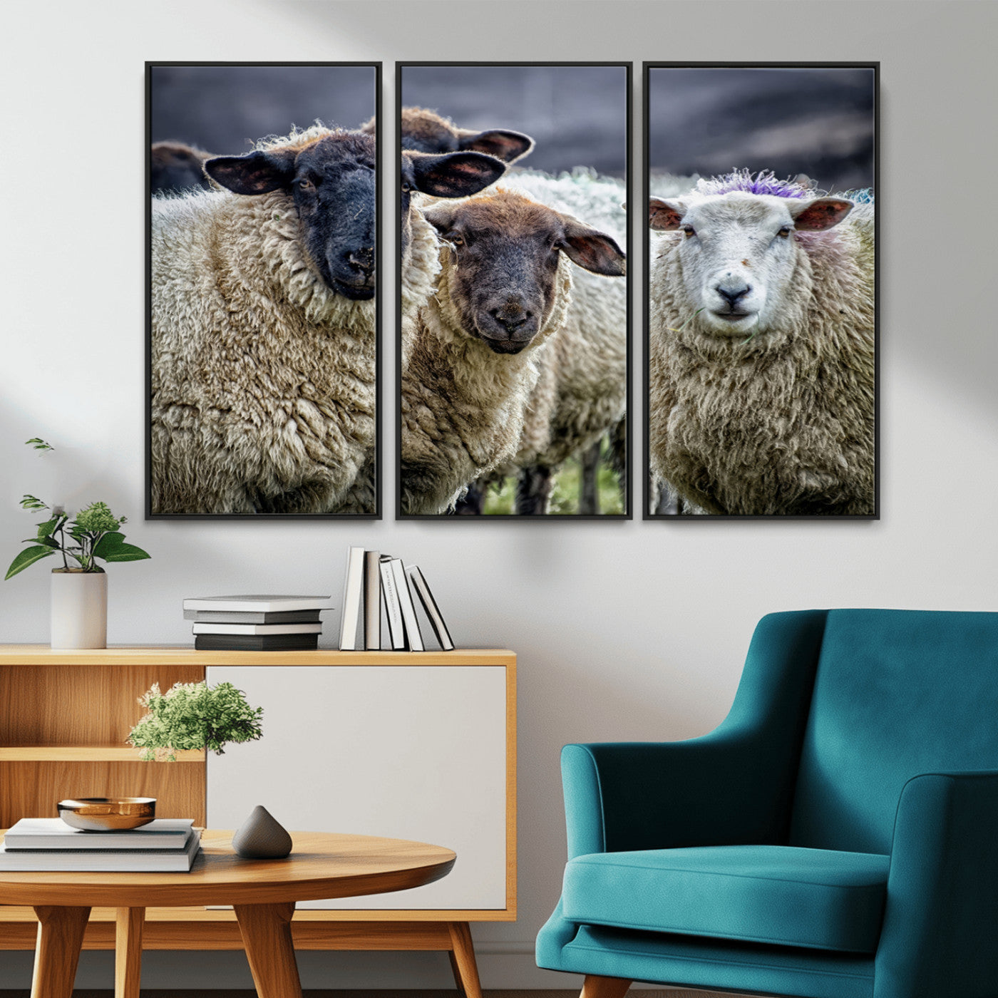 -Charming Sheep Portrait Wall Art – Trio of Woolly Companions Canvas Print, Framed, Ready to Hang