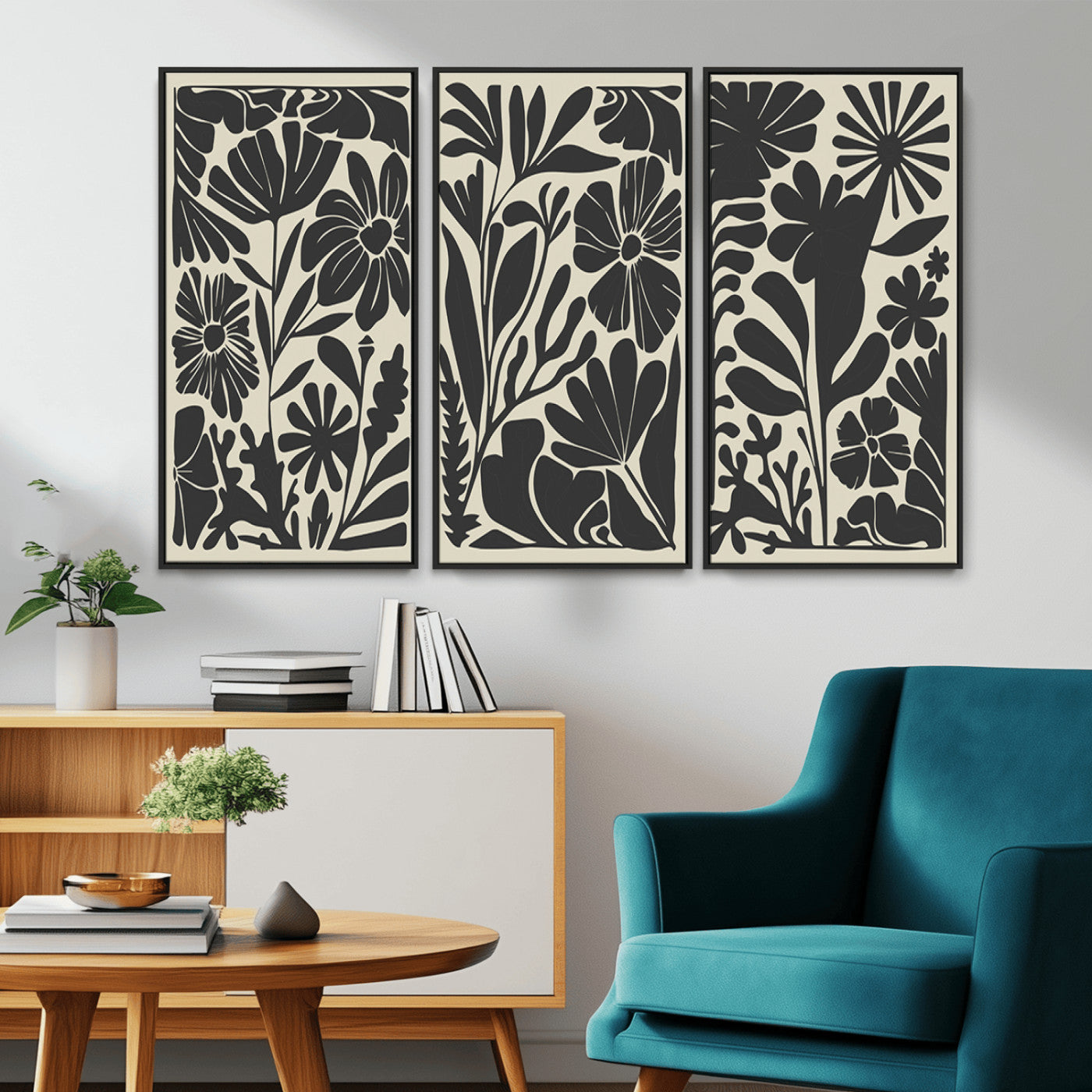 MGV-FC-48X32-3P - Modern Botanical Wall Art - Floral Black and White Canvas Print, Framed, Ready to Hang