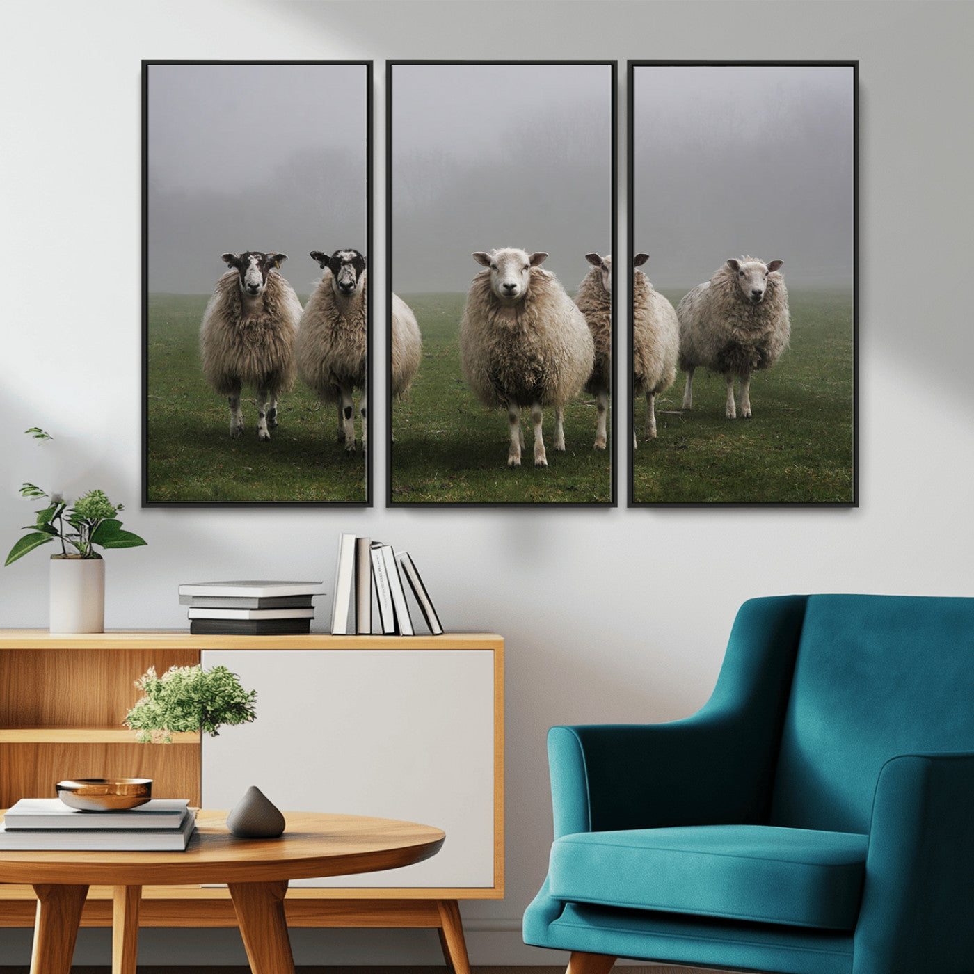 -Flock of Sheep in a Mystical Fog – Pastoral Wall Art Canvas Print, Framed, Ready to Hang