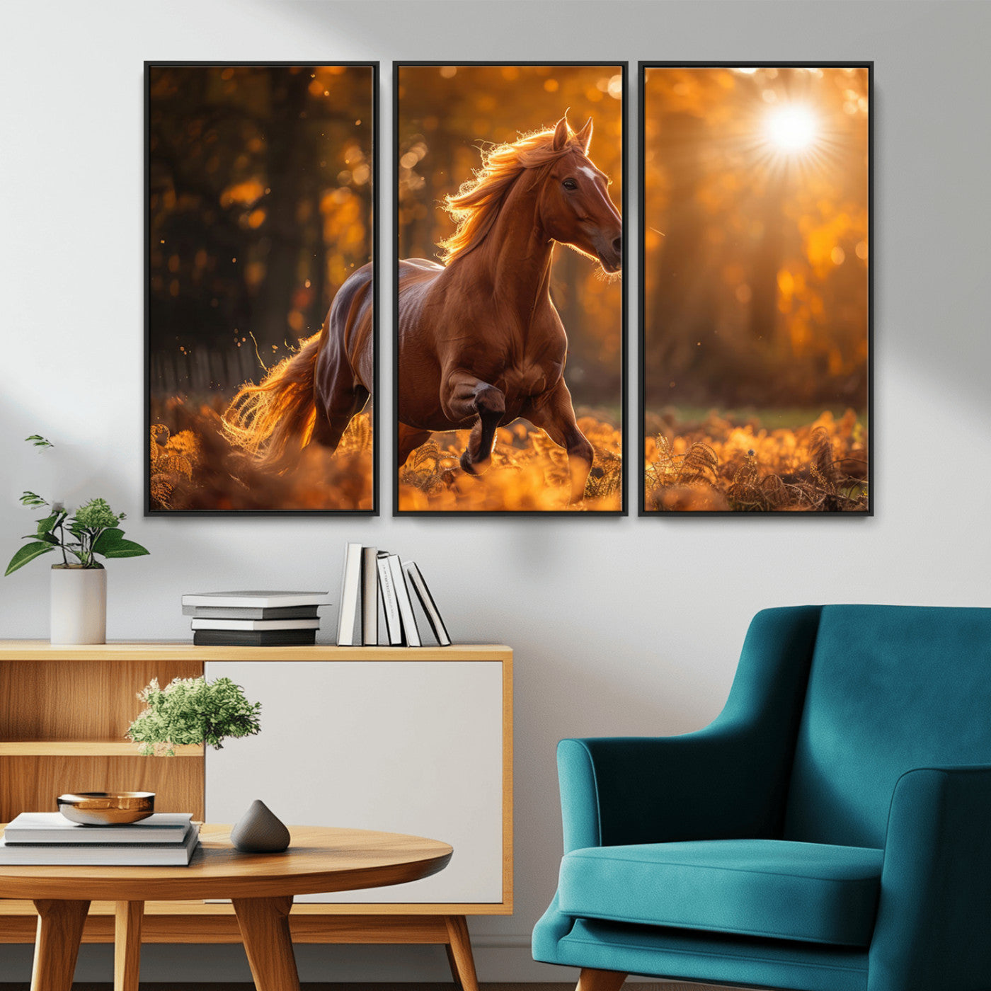 -Running Horse Sunset Forest Wall Art Canvas Print