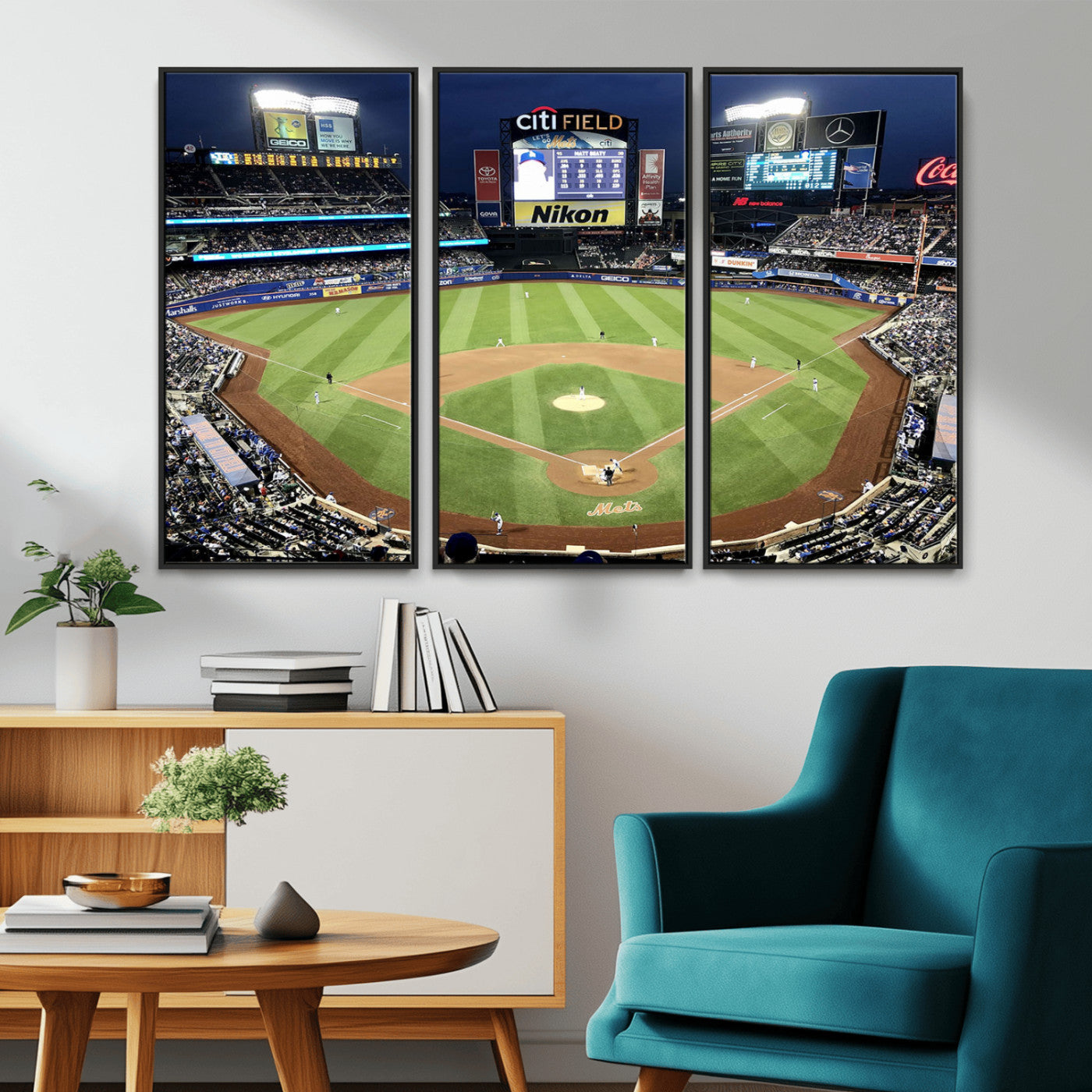 MGV-FC-48X32-3P - Citi Field Wall Art Print | 3-Panel New York Mets Baseball Stadium Canvas Print | Framed Sports Decor for Living Room, Man Cave, or Office Decor