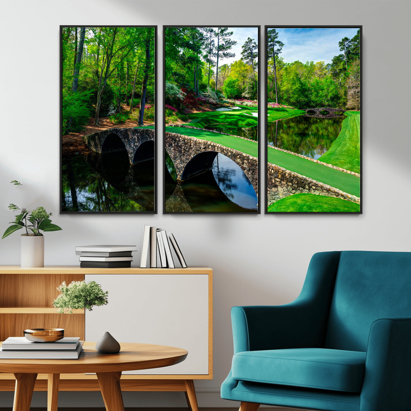 MGV-FC-48X32-3P - Augusta National Golf Club Wall Art - Panoramic Bridge & Lush Greenery – Premium Framed, Ready-to-Hang Triptych Canvas