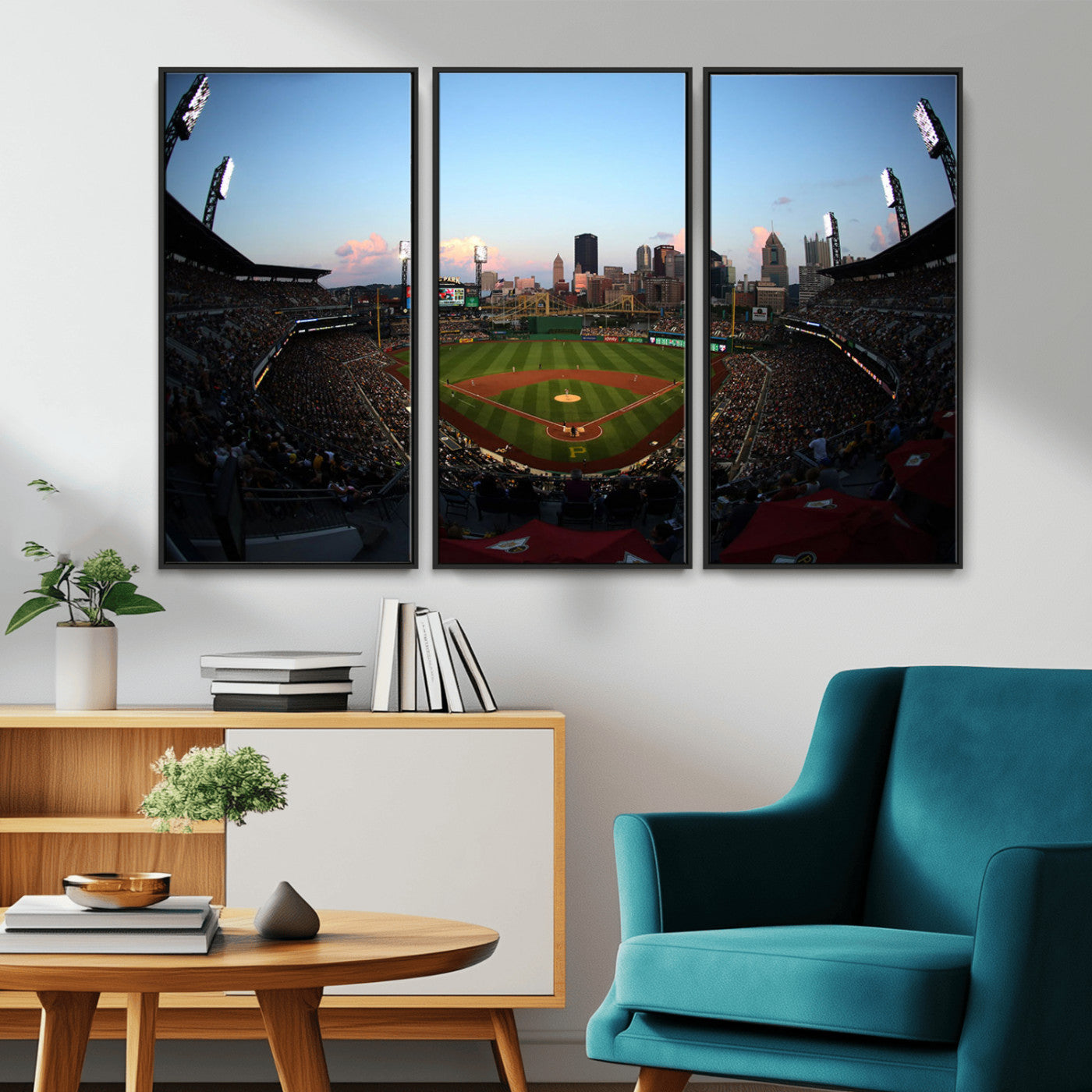 MGV-FC-48X32-3P - PNC Park Evening Game Triple Canvas Wall Art - Pittsburgh Pirates MLB Match - PNC Park Stadium Wall Art Canvas Print