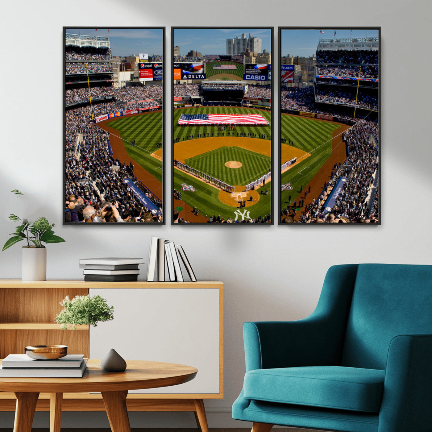 MGV-FC-48X32-3P - Yankee Stadium New York Wall Art Print | 3-Panel Canvas Print of Yankees Baseball Stadium | Large Framed Wall Decor for Baseball Fans | Ready-to-Hang