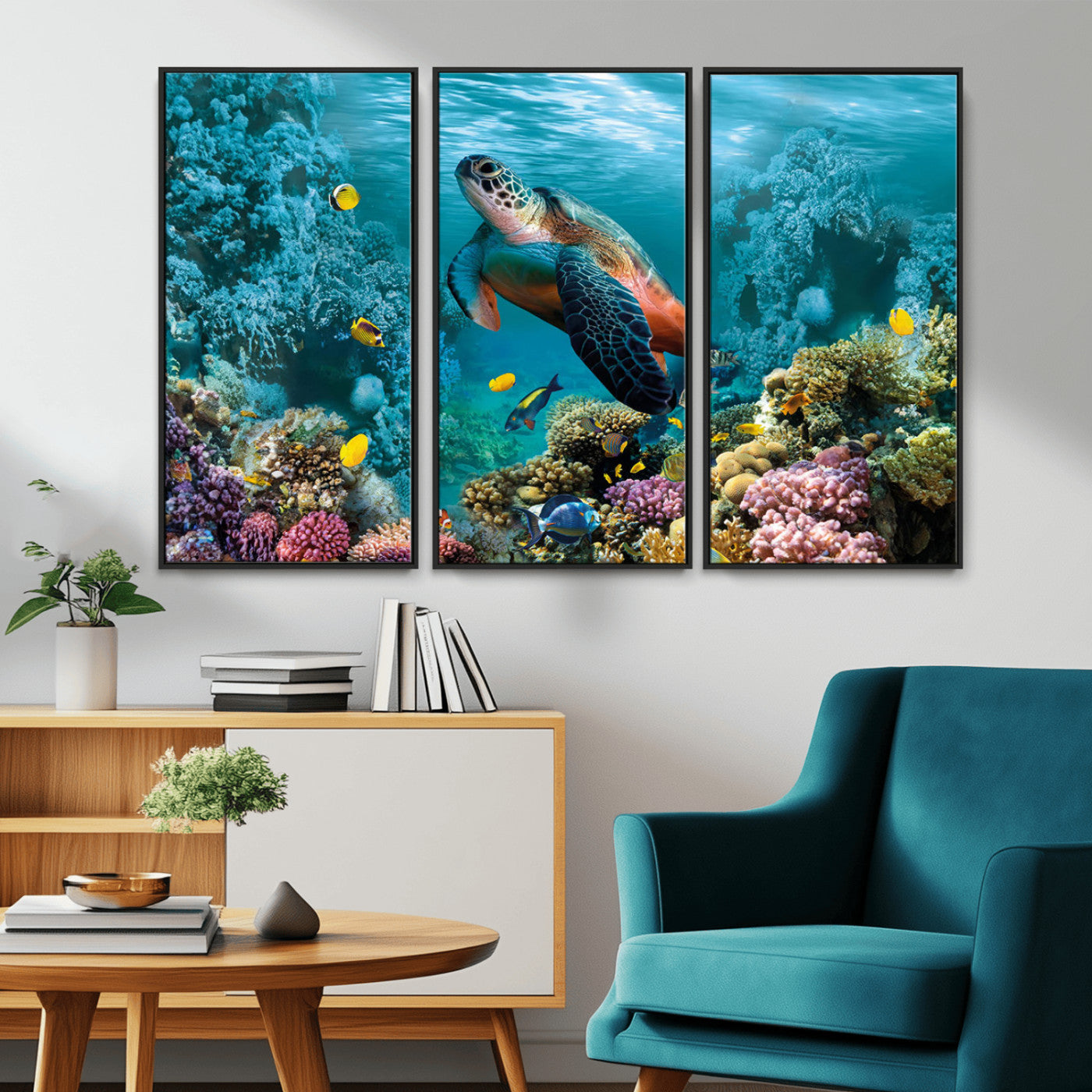 MGV-FC-48X32-3P - Sea Turtle and Coral Reef Triptych Wall Art – Vibrant Underwater Scene Canvas Set for Ocean Lovers and Coastal Decor – Ready to Hang 3-Panel Artwork