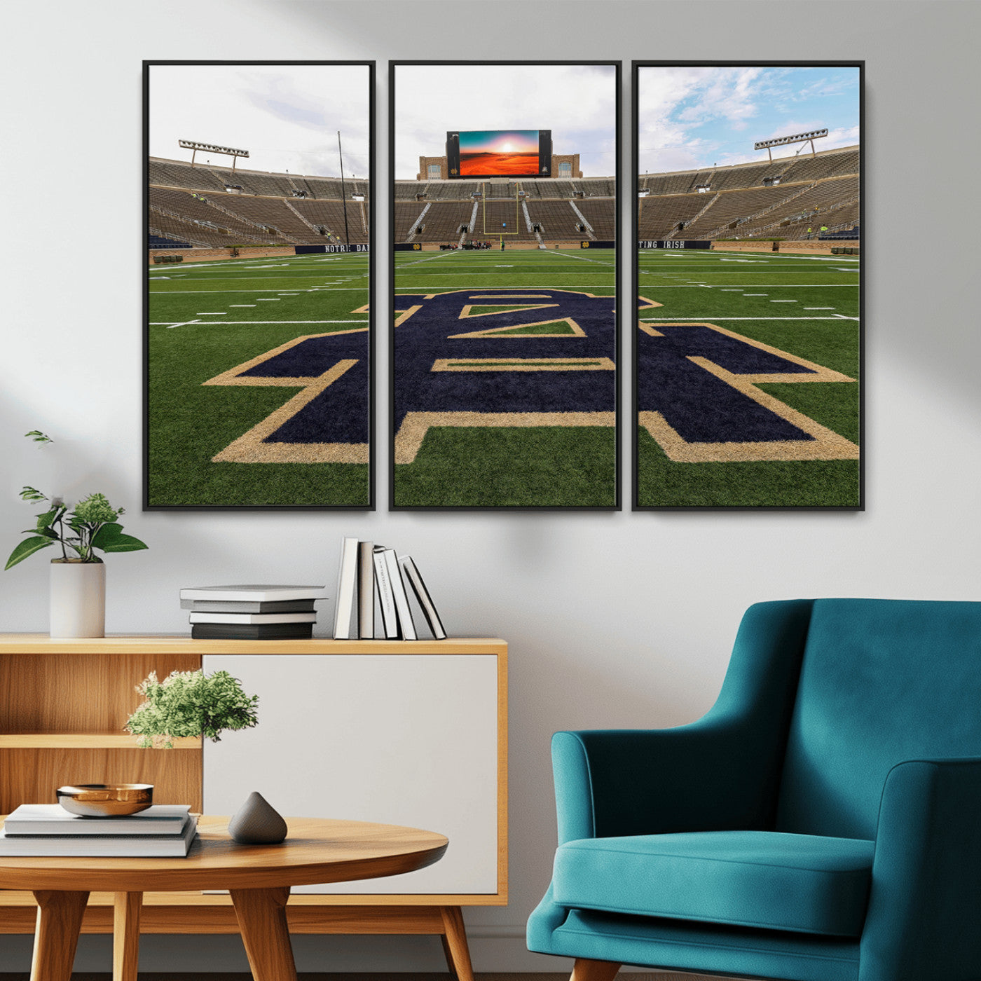 MGV-FC-48X32-3P - Notre Dame Stadium Giclee Canvas Print | Triptych Wall Art Featuring Iconic Notre Dame Football Field | Ready-to-Hang Sports Stadium Decor