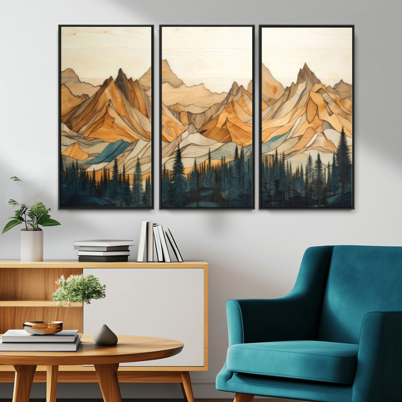 -Rustic Wood Mountain Wall Art Print | Triptych Giclee Print Featuring Handcrafted Forest and