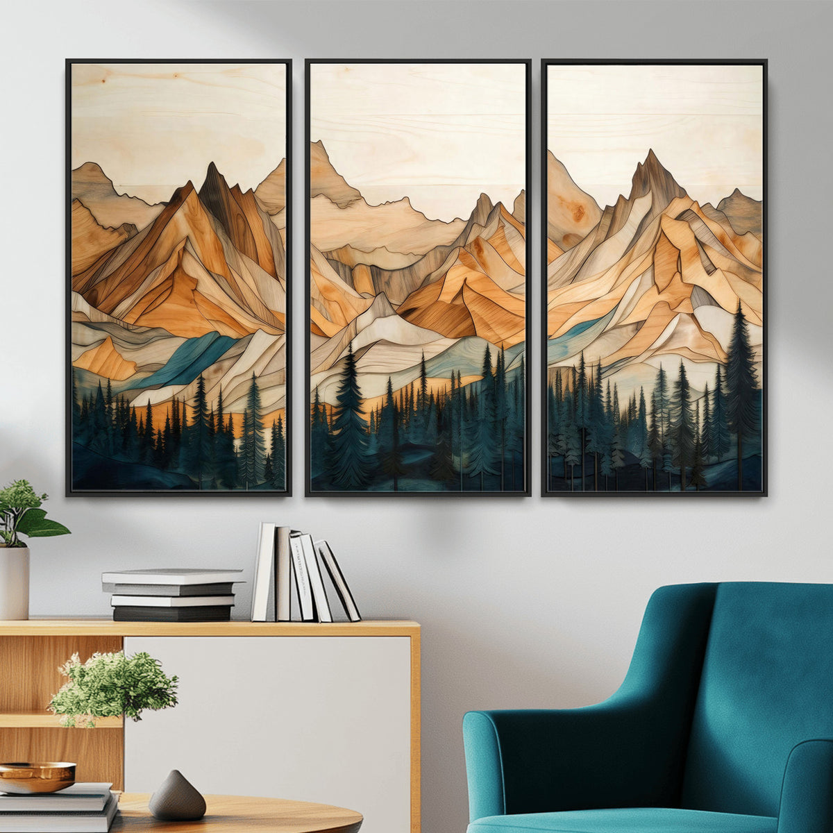 31576-PAN-FL-20X10 - Rustic Wood Mountain Wall Art Print | Triptych Giclee Print Featuring Handcrafted Forest and