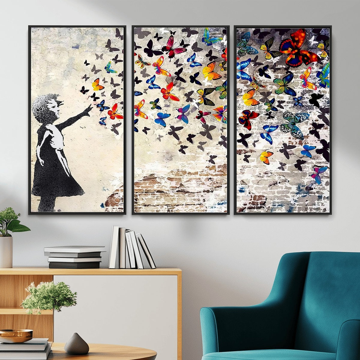 97895-MGV-CV-24X16 - Banksy Graffiti Wall Art Canvas Print, Girl Releasing Vibrant Butterflies