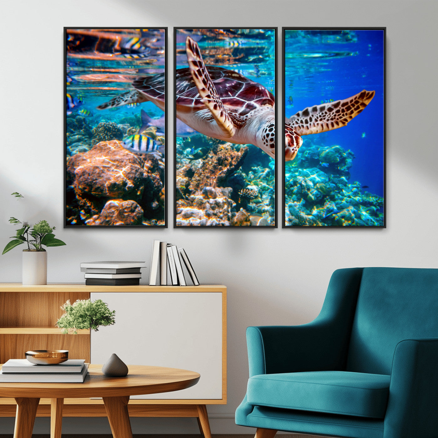 MGV-FC-48X32-3P - Underwater Coral Reef Sea Turtle Wall Art Canvas Print, Vibrant Marine Life | Colorful Ocean Scene