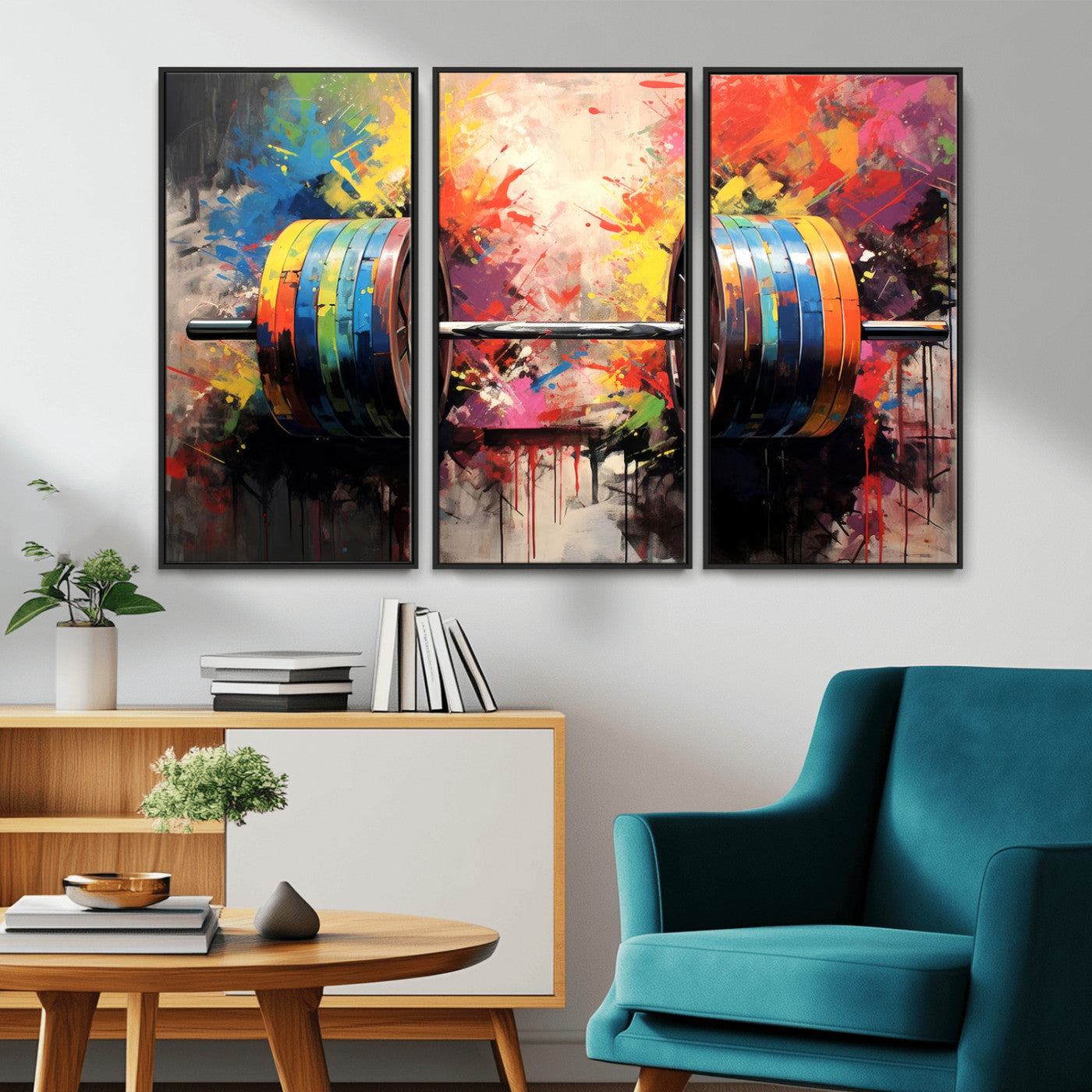 MGV-FC-48X32-3P - Weightlifting Barbell Art Triptych, Bold Abstract Fitness Wall Decor for Gym or Home, Giclee Canvas Print