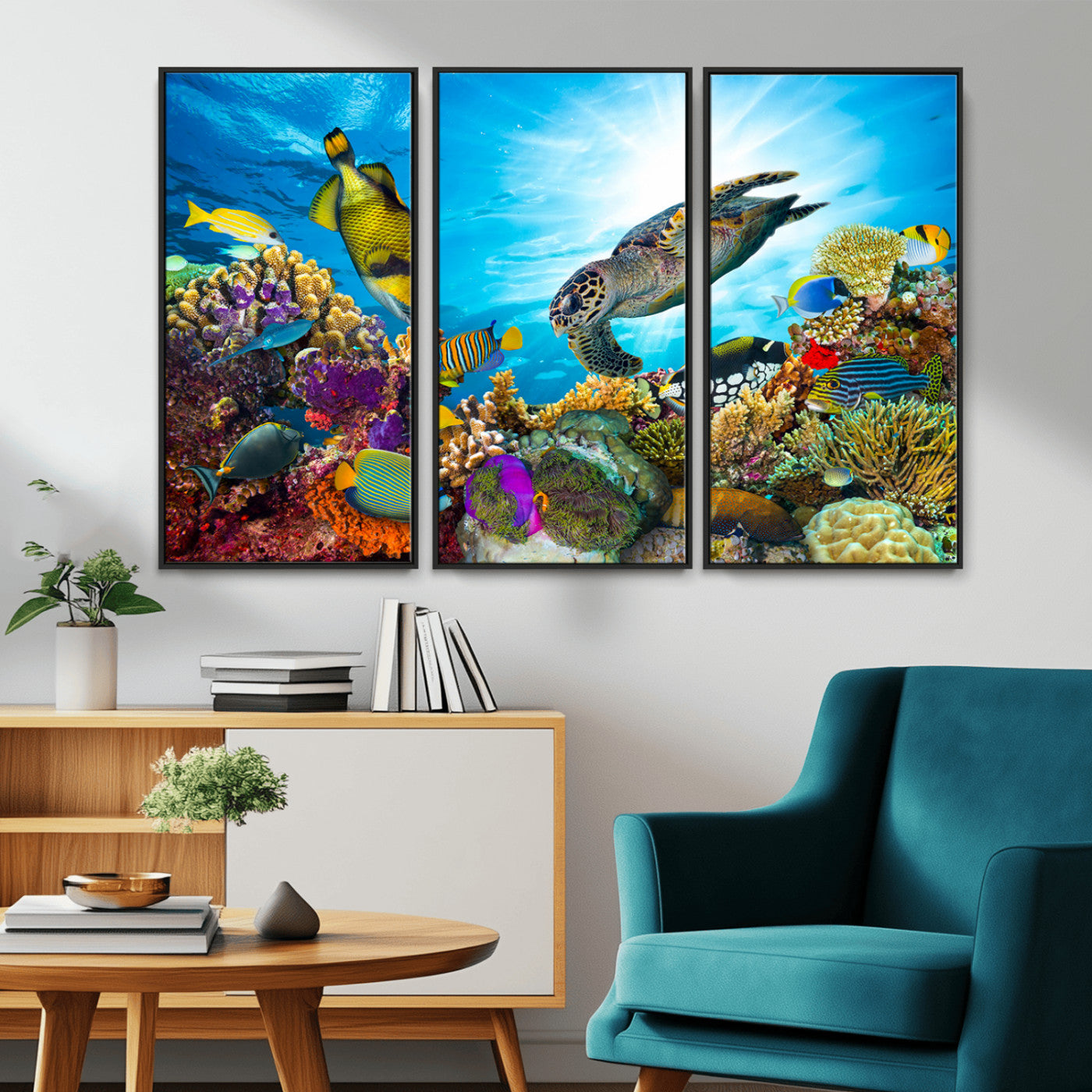 -Colorful Coral Reef and Sea Life Turtle Canvas Print, Underwater Tropical Ocean Wall Art for Home