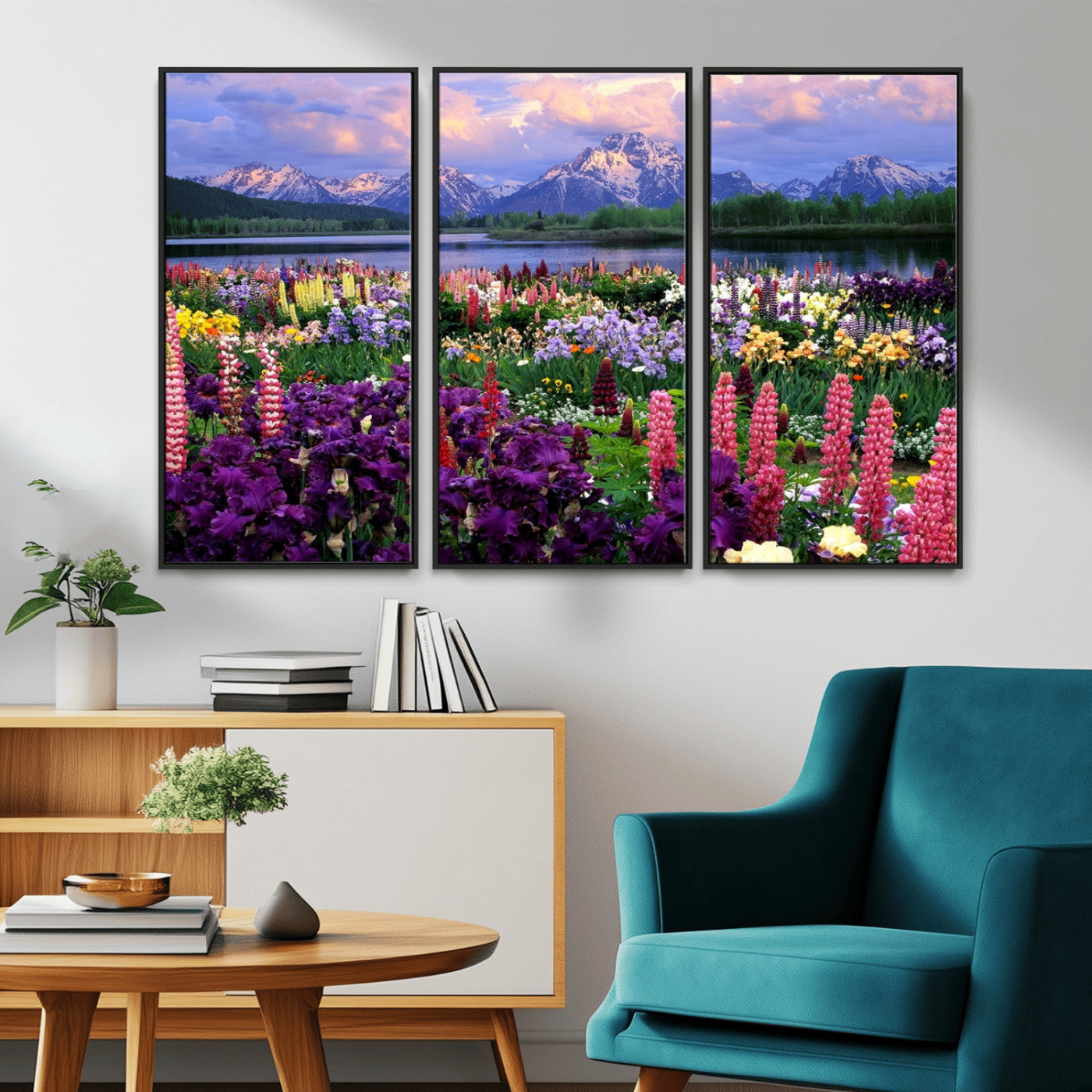 MGV-FC-48X32-3P - Vibrant Wildflower Garden and Mountain View Giclee Canvas Print | Floral Wall Art for Living Room