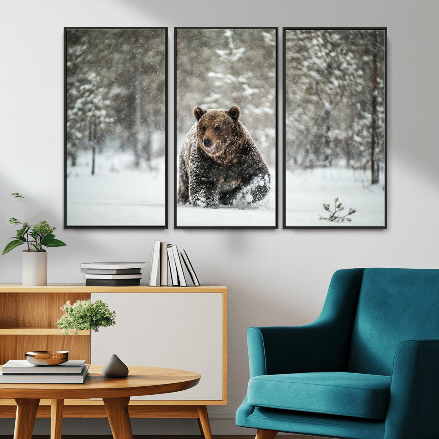 A majestic brown bear moves through a snowy forest landscape, surrounded by falling snowflakes, capturing the essence of wildlife in winter.