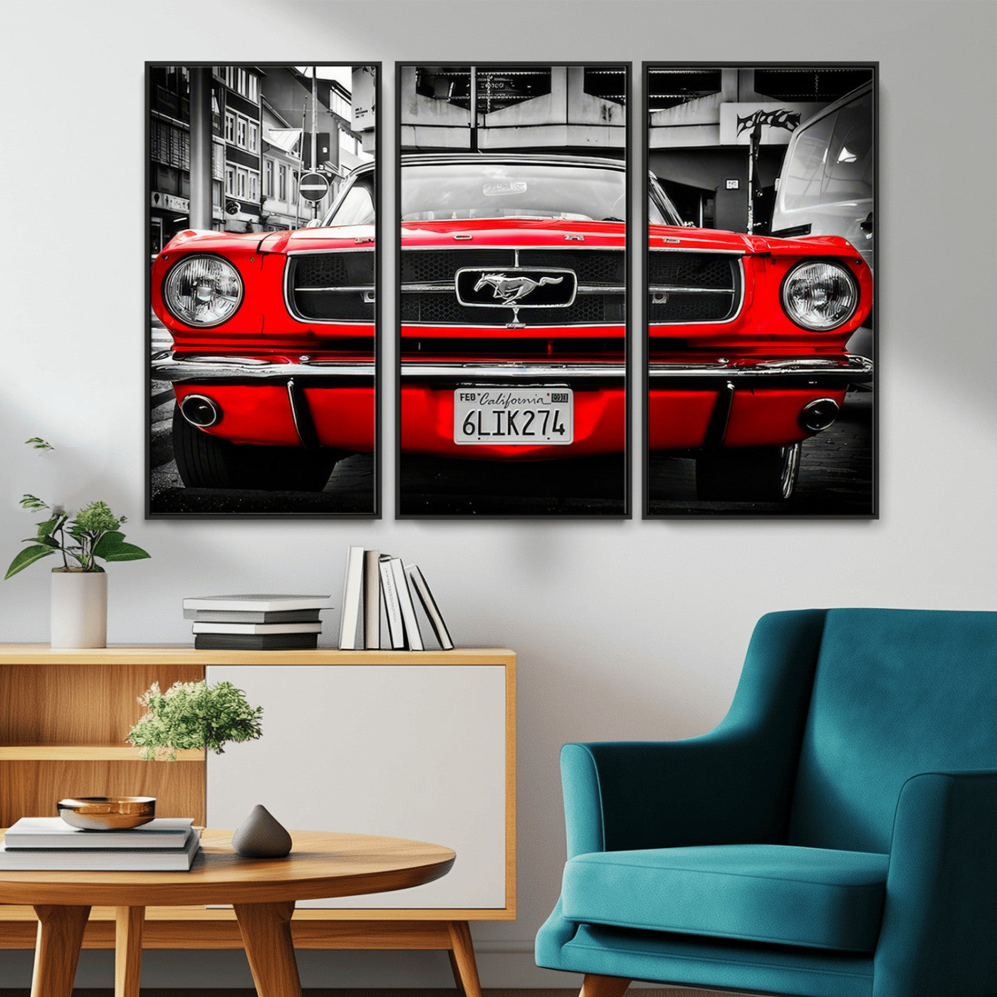Front view of a bold red 1960s Ford Mustang parked in an urban environment, captured in dramatic contrast with a black-and-white city backdrop, emphasizing its timeless American muscle car identity.
