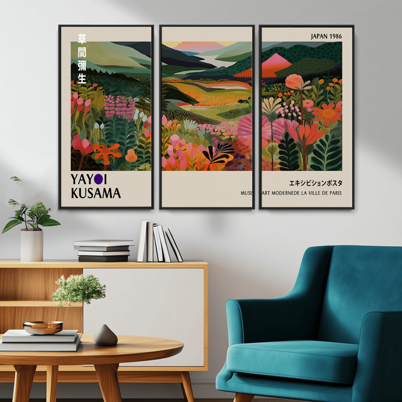 MGV-FC-48X32-3P - Yayoi Kusama Abstract Print, Vibrant Floral Mountain Art Print, Botanical Flower Nature Decor,