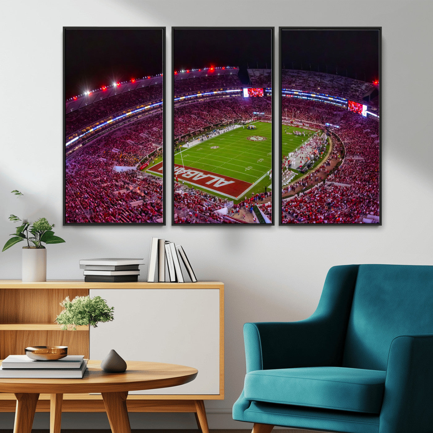 MGV-FC-48X32-3P - Bryant-Denny Stadium Night Game Triple Canvas Wall Art - Alabama Crimson Tide Football Match