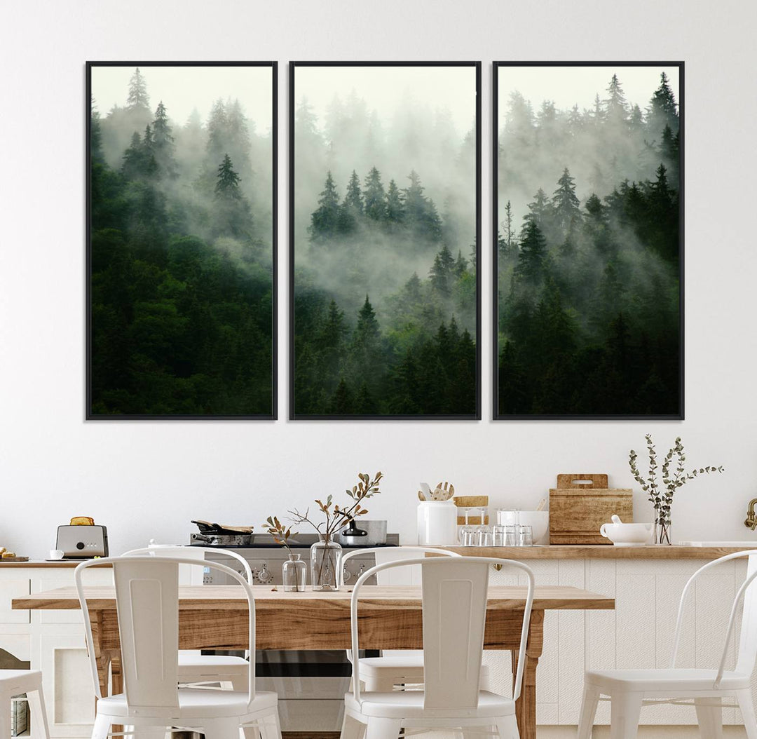 Misty Forest Mountain Wall Art | Large 3-Panel Foggy Landscape Canvas Print | Misty Forest Canvas Art | Nature Wall Art for Home | Mountain Fog Print