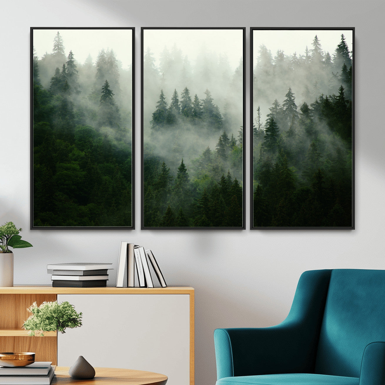 167720496-MGV-CV-36X24 - Misty Forest Mountain Wall Art Canvas  | Large 3-Panel Foggy Landscape Canvas Print | Nature Misty