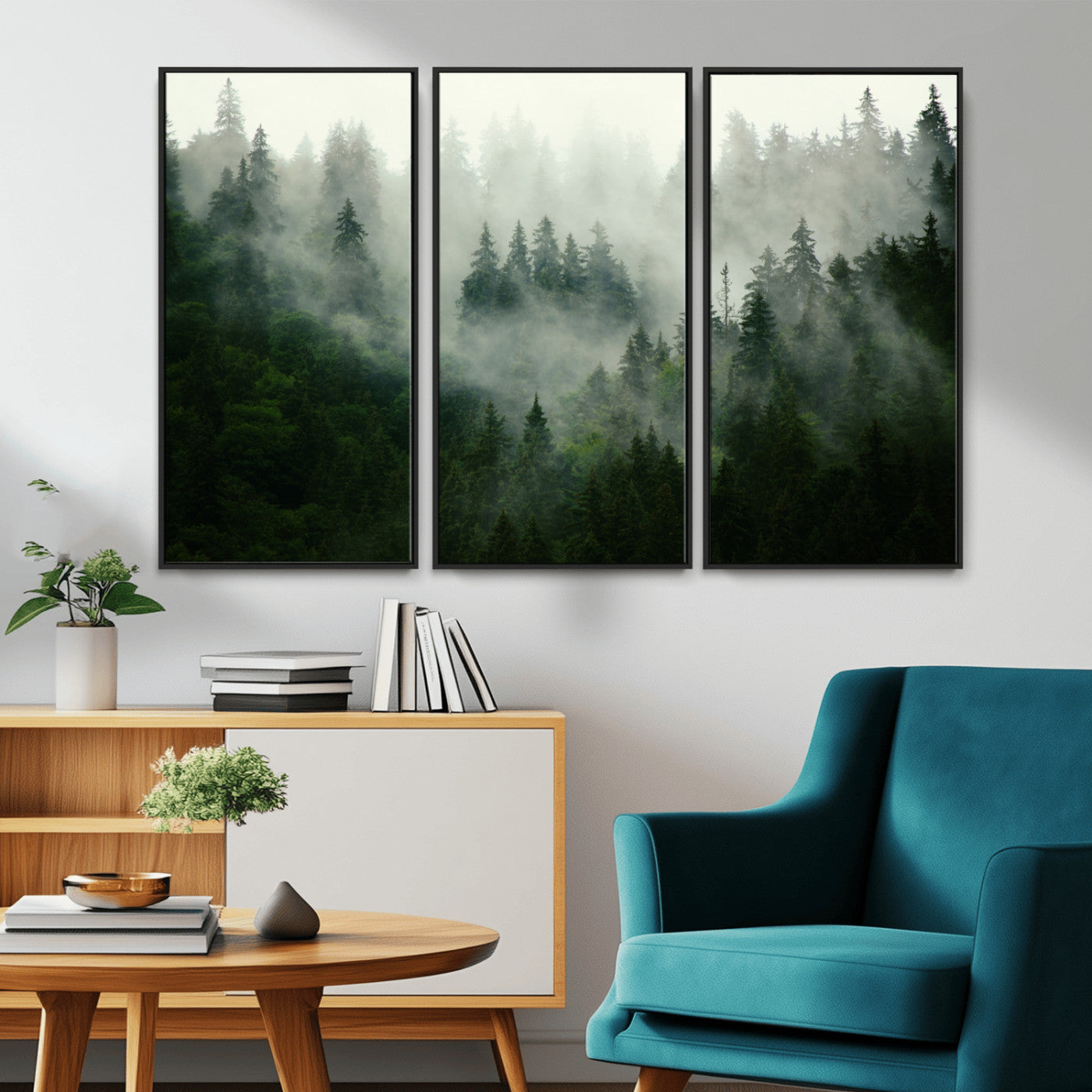 MGV-FC-48X32-3P - Misty Forest Mountain Wall Art Canvas  | Large 3-Panel Foggy Landscape Canvas Print | Nature Misty