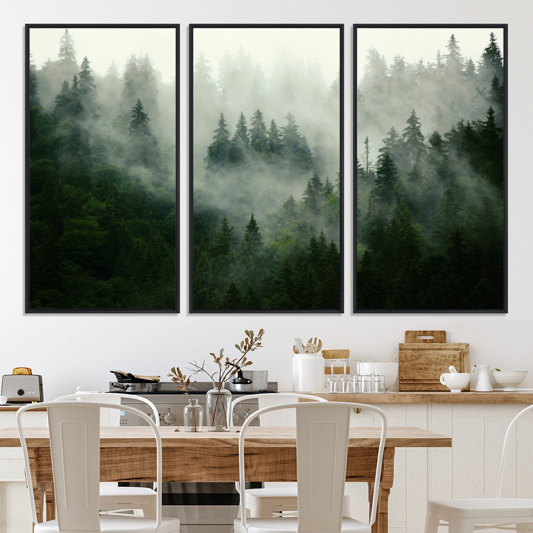 Misty Forest Wall Art Canvas Print - Foggy Forest Landscape Canvas Wall Art – Serene Triptych Nature Print – Woodland Landscape Decor