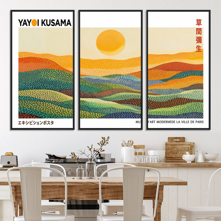 Framed Yayoi Kusama 1986 Wall Art: A vibrant abstract landscape featuring Wabi Sabi hills and a sun, created by the Japanese artist.