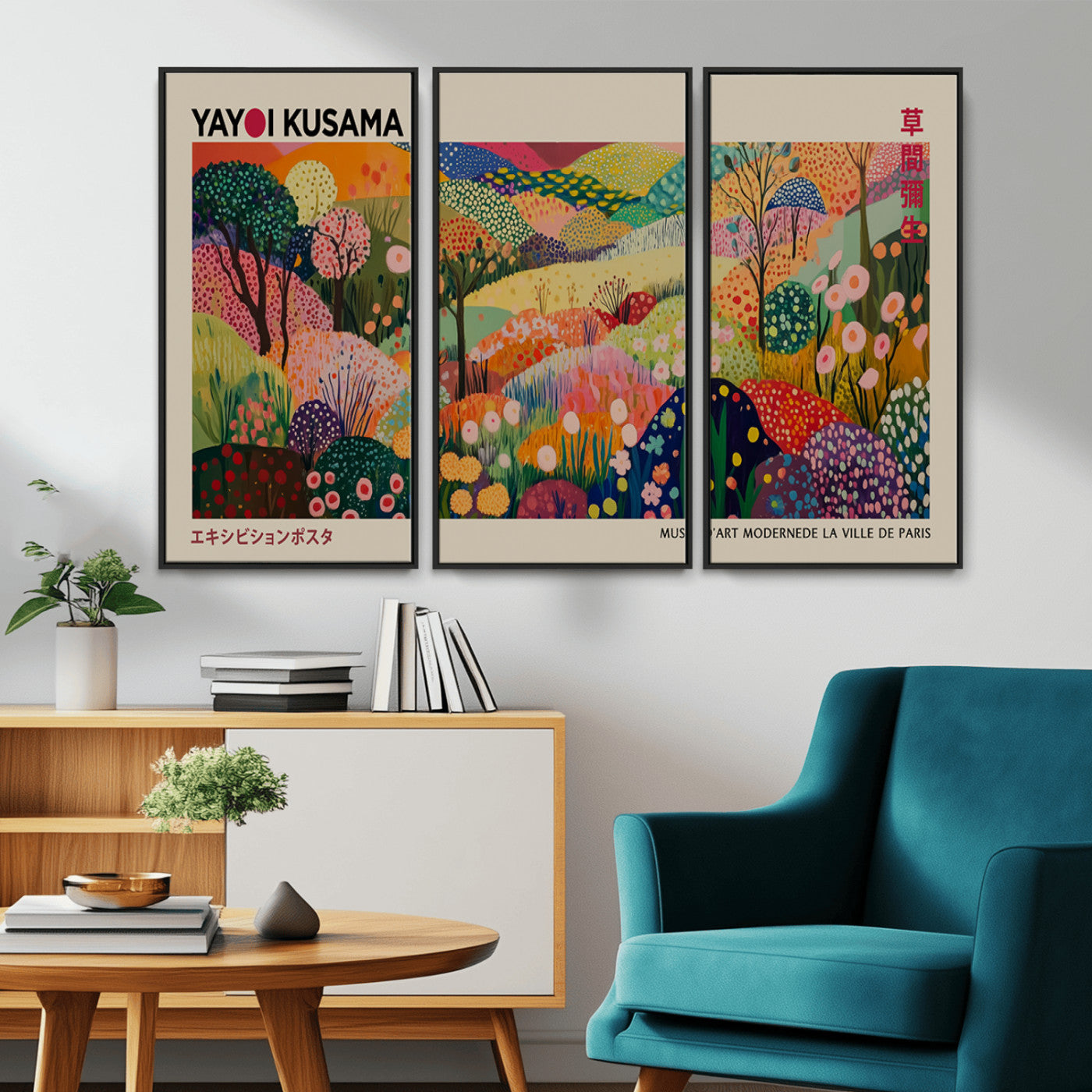 MGV-FC-48X32-3P - Framed Yayoi Kusama 1986 Wall Art Print – Japanese Wall Art Print, Wabi Sabi Yayoi Kusama Print -