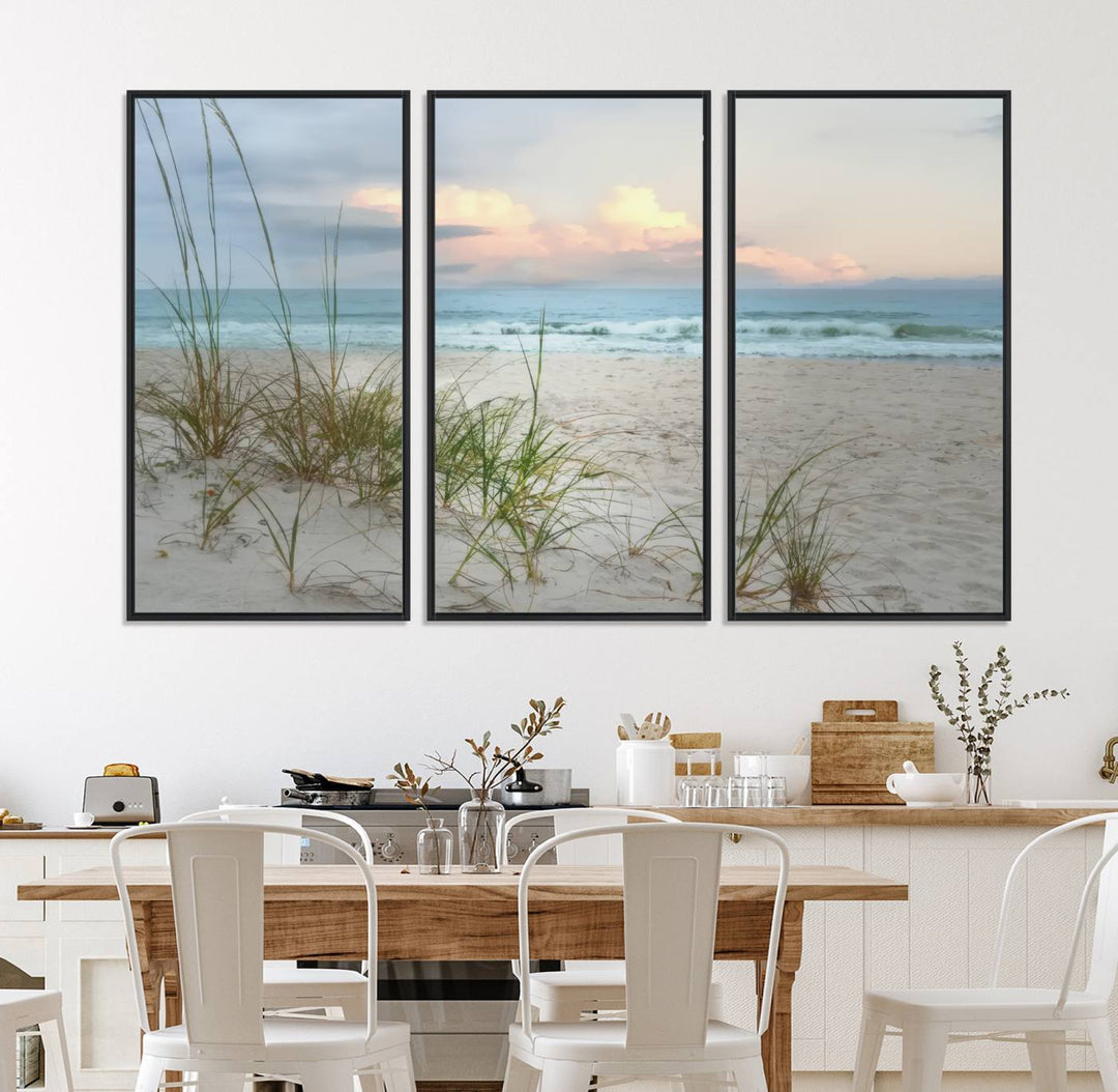 Flight Over Coastal Beach print on UV canvas displayed against white walls.