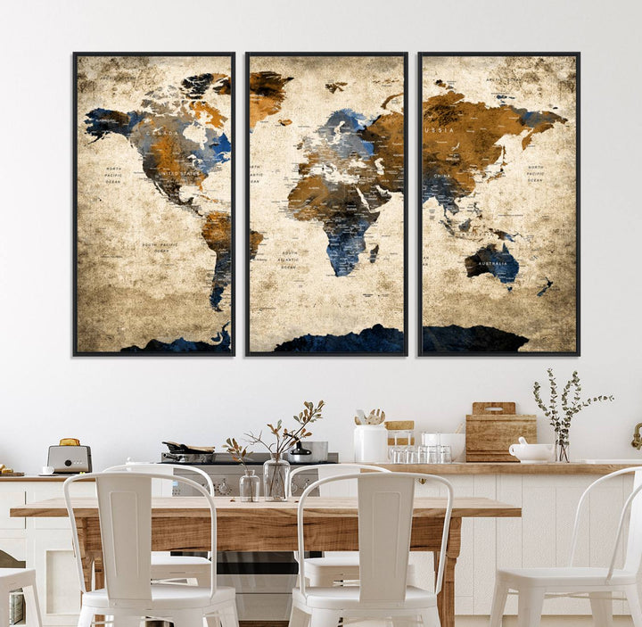 A Vintage World Map Canvas featuring brown, blue, and white on a textured background. Ideal for wall art in living rooms or offices.