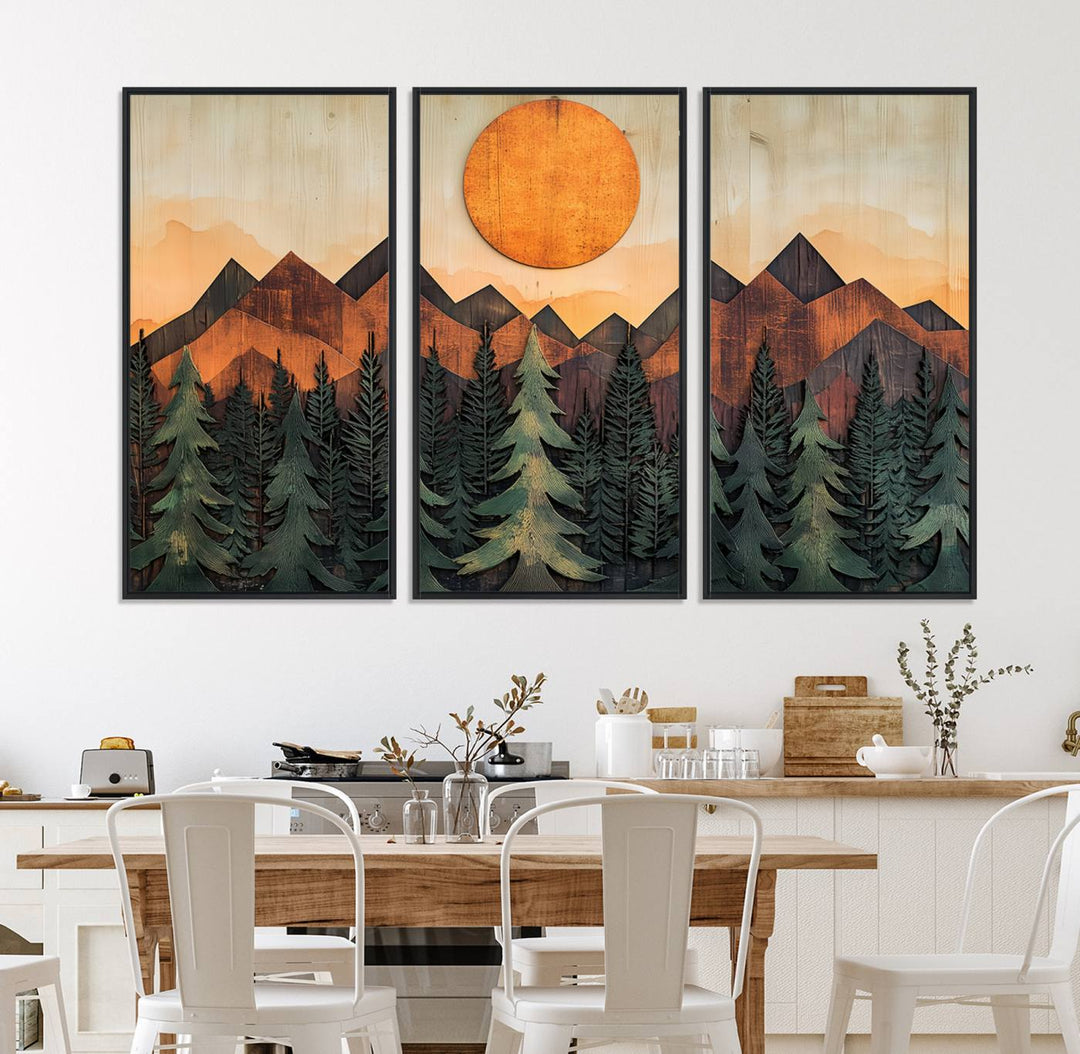 Sunset Mountain Landscape canvas wall art print featuring forest and wooden textures in green, brown, and orange.