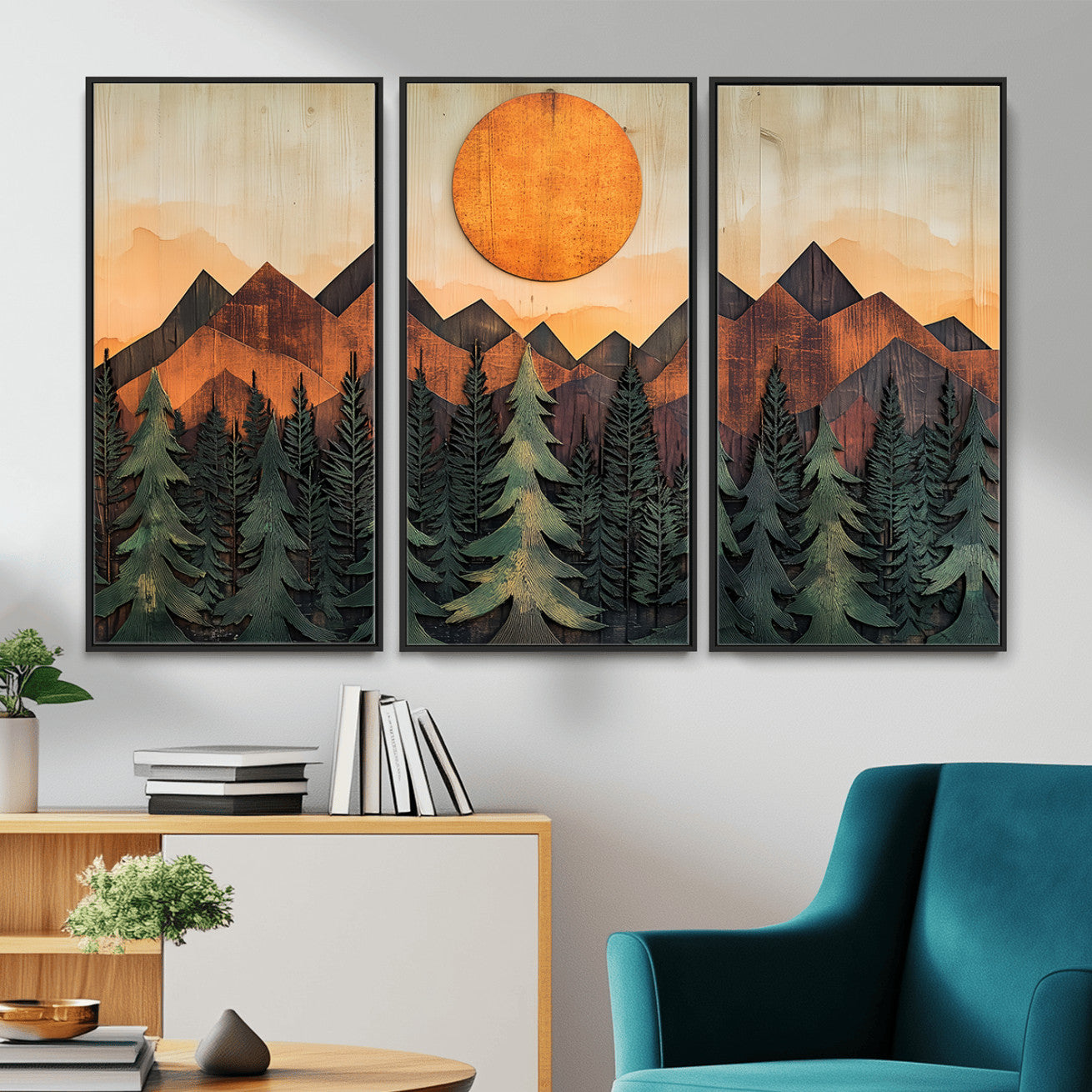 77739-MGV-CV-36X24 - Wood Style Sunset Mountain Landscape Canvas Wall Art Print - Nature Decor for Living Room, Office