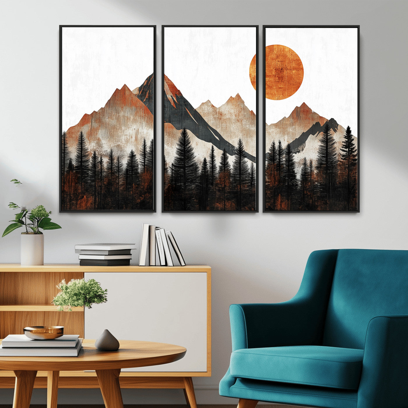 MGV-FC-48X32-3P - Modern Abstract Mountain Canvas Wall Art Print, Abstract Landscape Print, Rustic Sun and Mountains