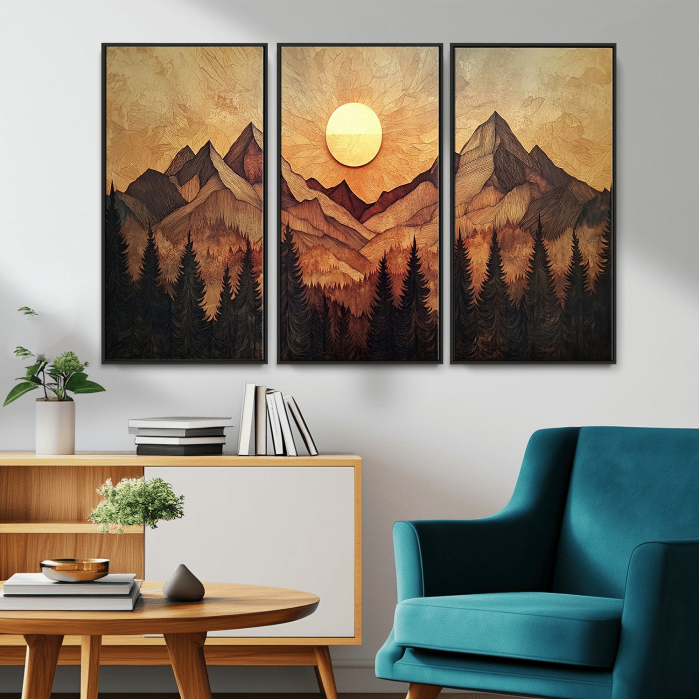 MGV-FC-48X32-3P - Wood Style Abstract Mountain Sunset Canvas Wall Art Print - Warm Earth Nature-Inspired Decor for