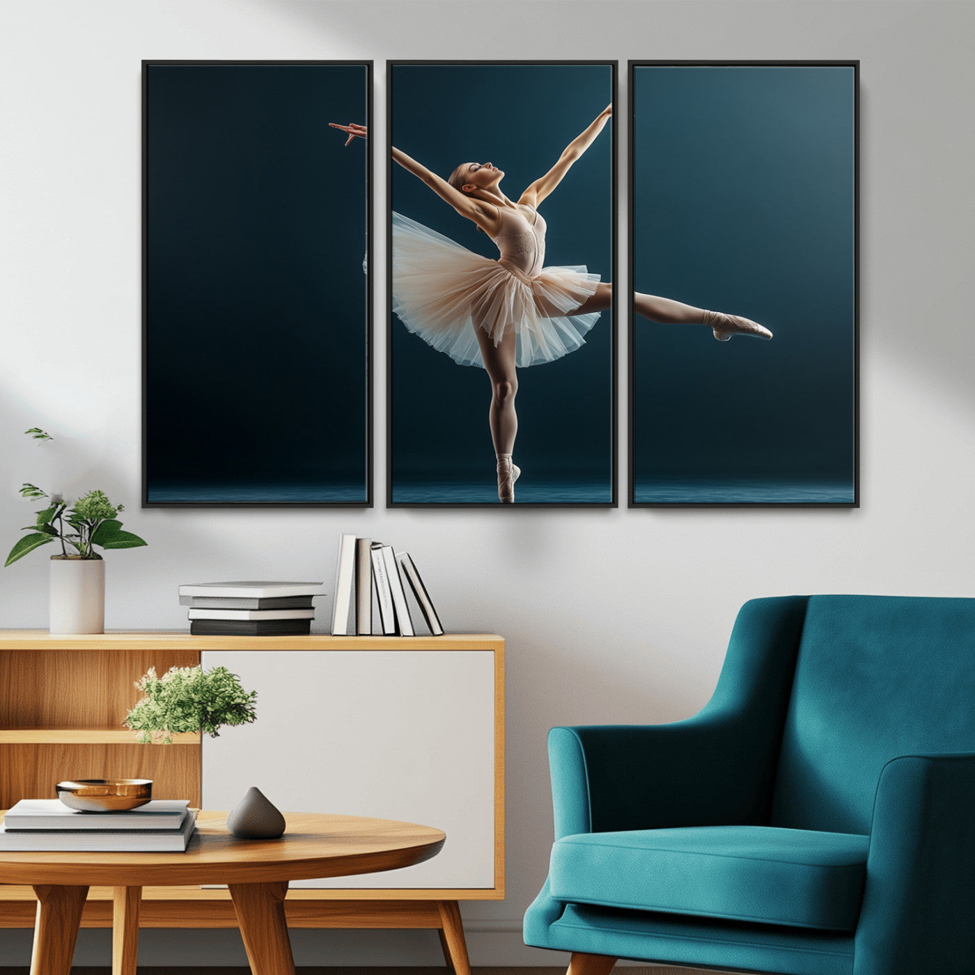 An elegant ballerina captured mid-pose on pointe, radiating grace and strength in a perfectly lit studio setting, her tutu fanned out in delicate symmetry.
