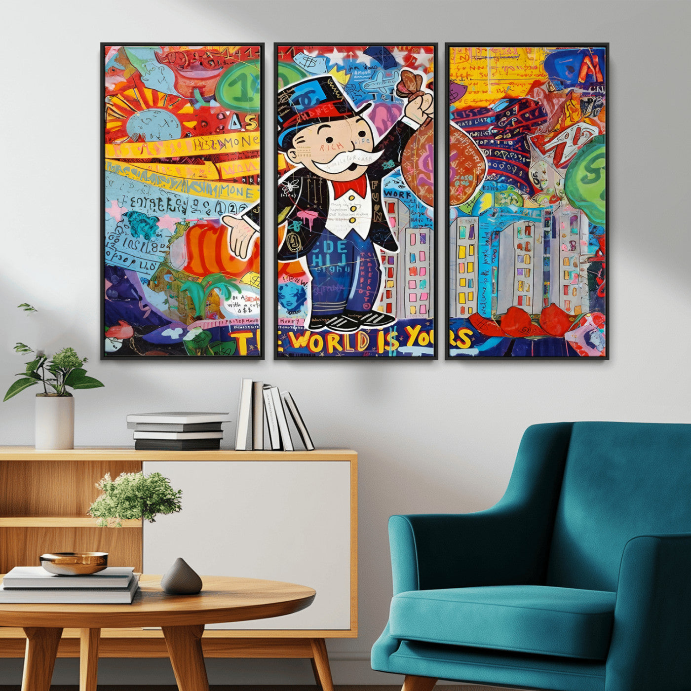 MGV-FC-48X32-3P - Pop Art Monopoly Man Canvas Wall Art Print - Bold and Colorful Street Art-Inspired Decor for Living