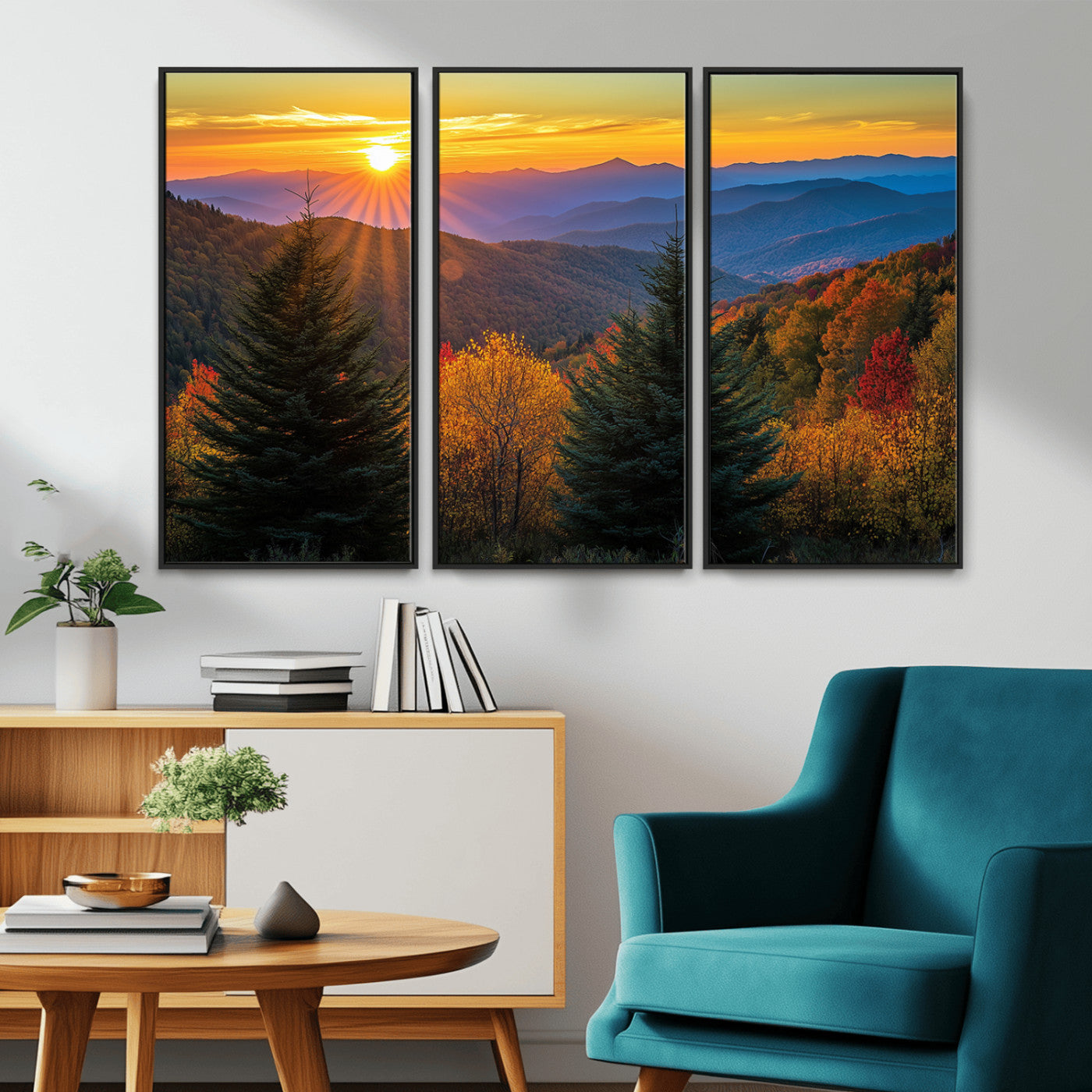 MGV-FC-48X32-3P - Golden Sunset Over Mountain Forest Canvas Wall Art Print - Warm Nature-Inspired Landscape for Living