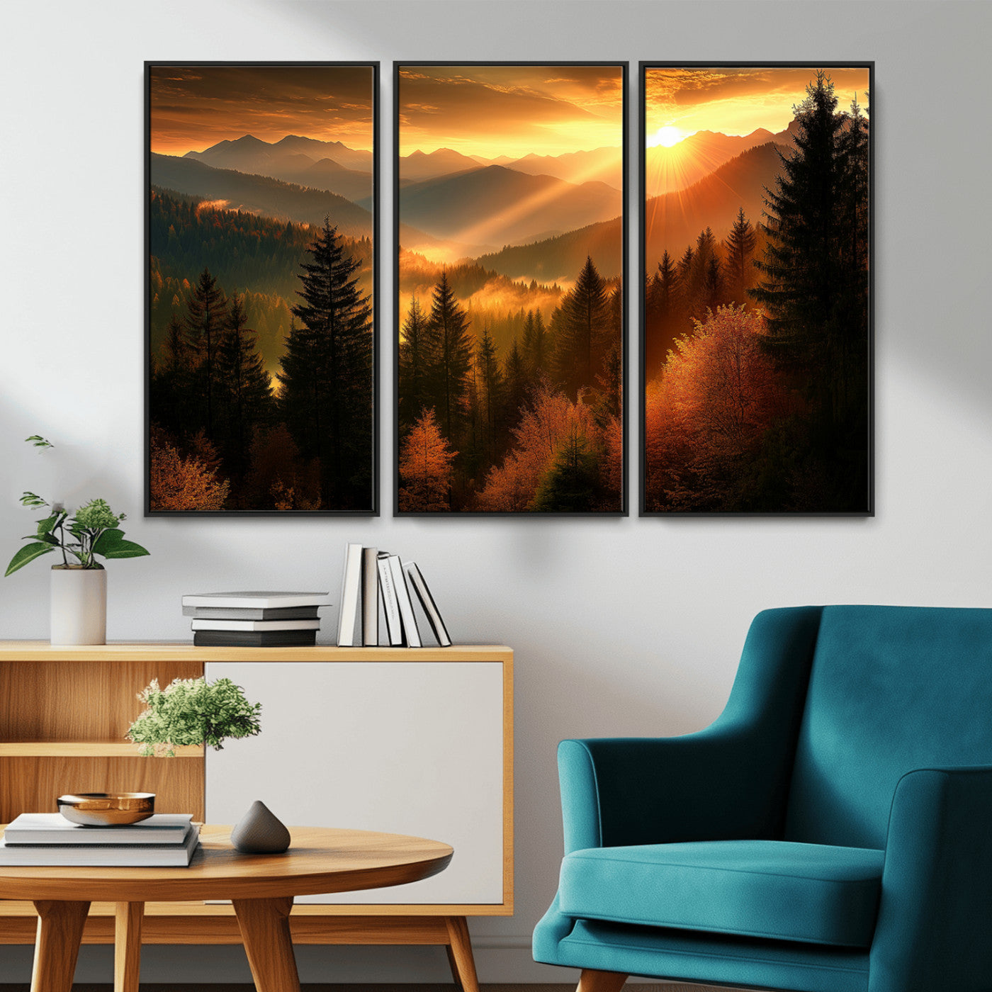 MGV-FC-48X32-3P - Golden Sunset Over Mountain Forest Canvas Wall Art Print - Warm Nature Landscape Print