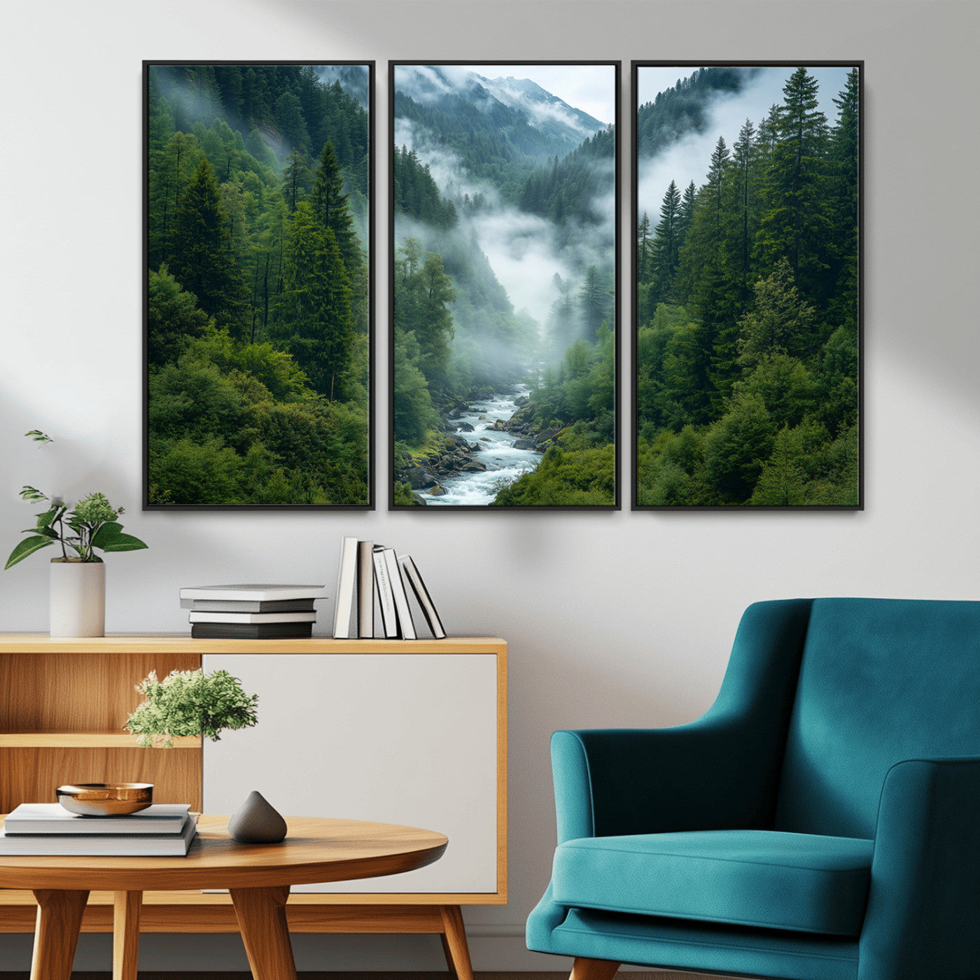 MGV-FC-48X32-3P - Mountain Forest River Canvas Wall Art Print - Serene Nature Landscape for Living Room, Office, or