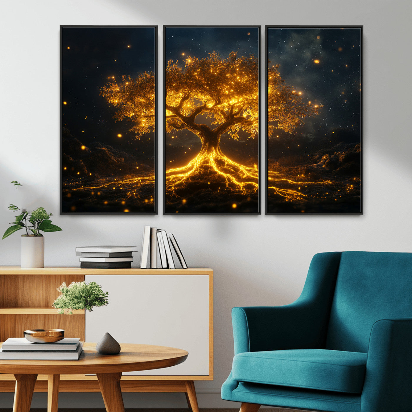 MGV-FC-48X32-3P - Golden Tree of Life Canvas Wall Art Print - Majestic Glowing Tree Design for Living Room, Office, or