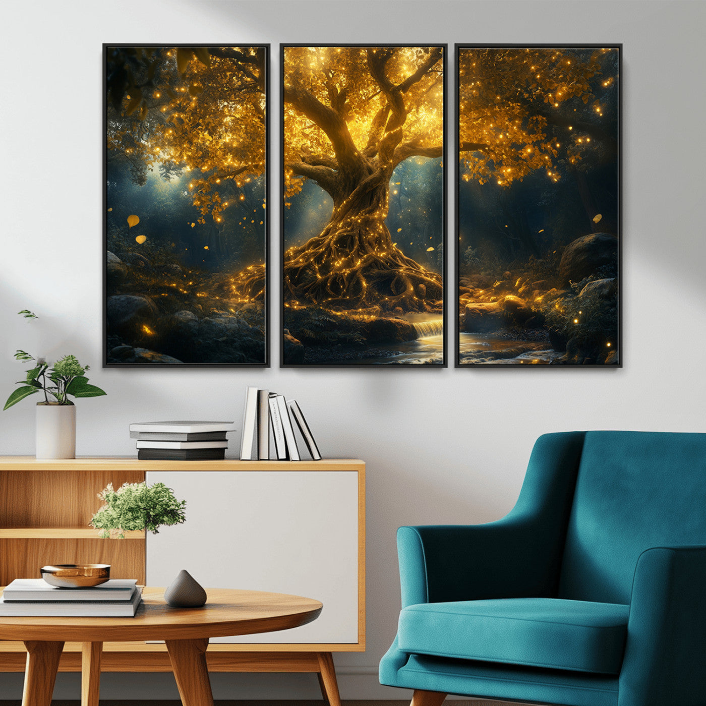 MGV-FC-48X32-3P - Golden Tree of Life Canvas Wall Art Print - Majestic Glowing Tree Wall Art Print