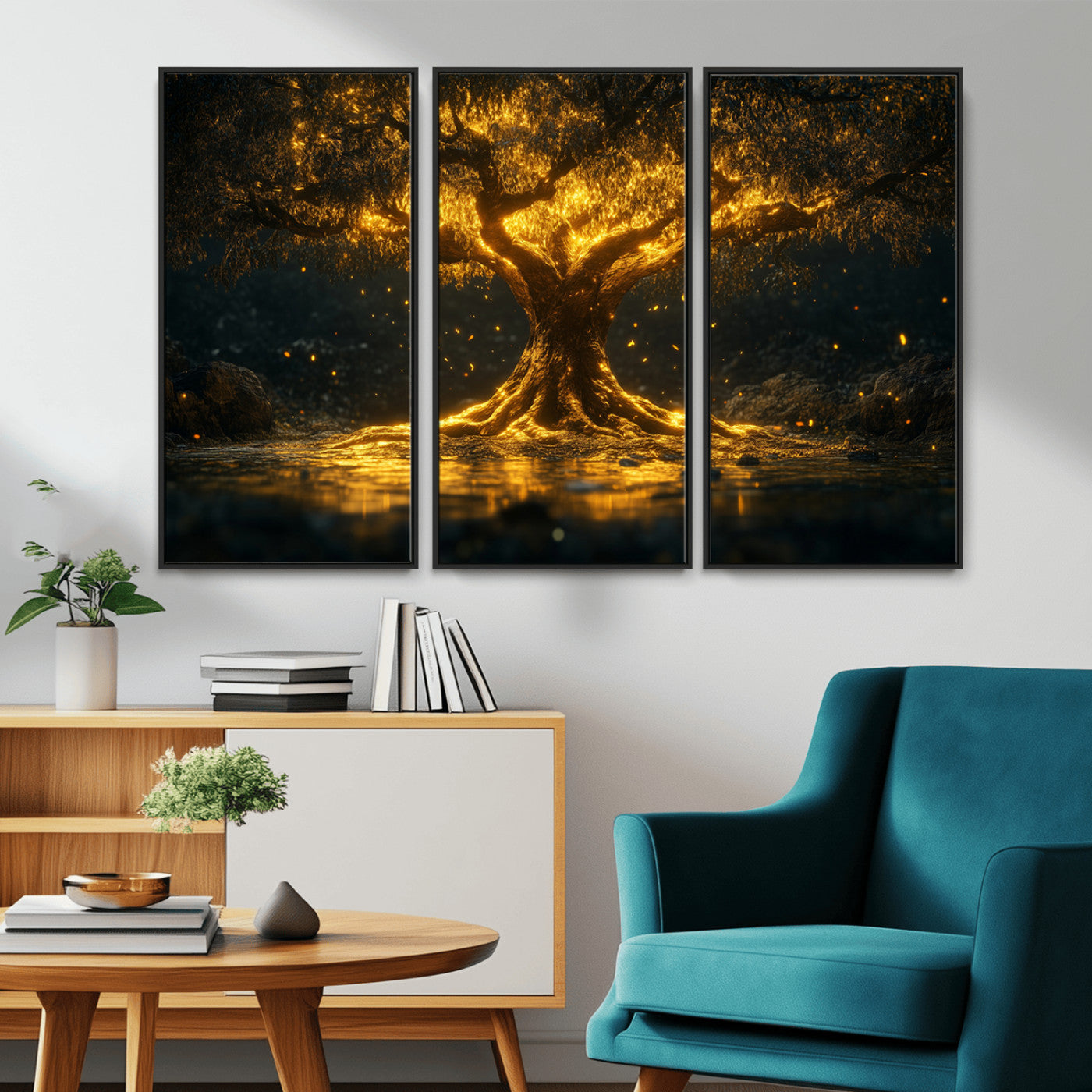 MGV-FC-48X32-3P - Golden Tree of Life Canvas Wall Art Print - Majestic Glowing Tree Wall Art Print