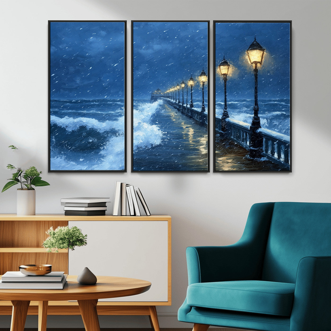 MGV-FC-48X32-3P - Stormy Ocean Pier Lights Canvas Wall Art Print - Large Moody Night Scene for Living Room, or Office,