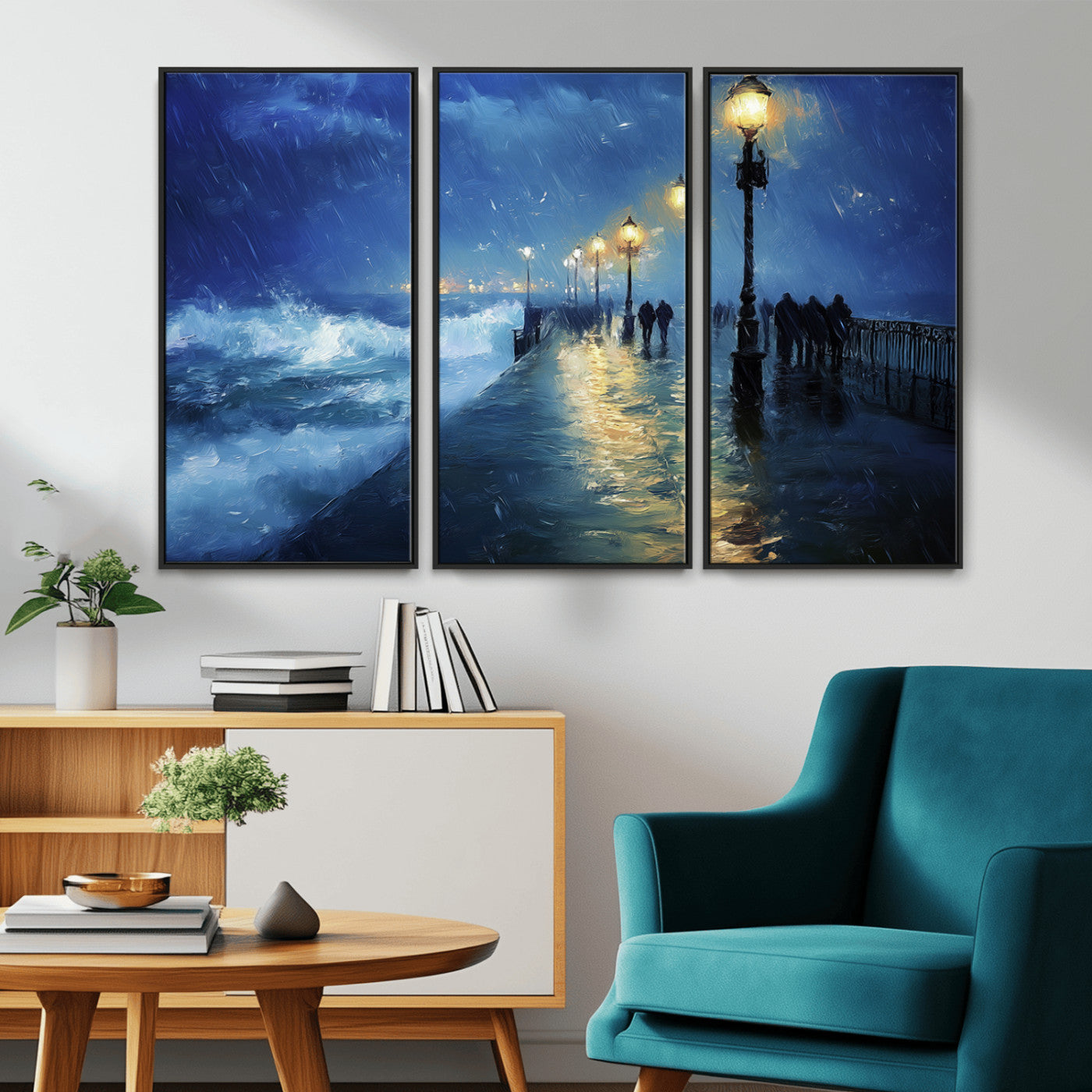 MGV-FC-48X32-3P - Abstract Stormy Ocean Pier Canvas Wall Art Print | Stormy Ocean Art | Large Moody Night Scene Print,