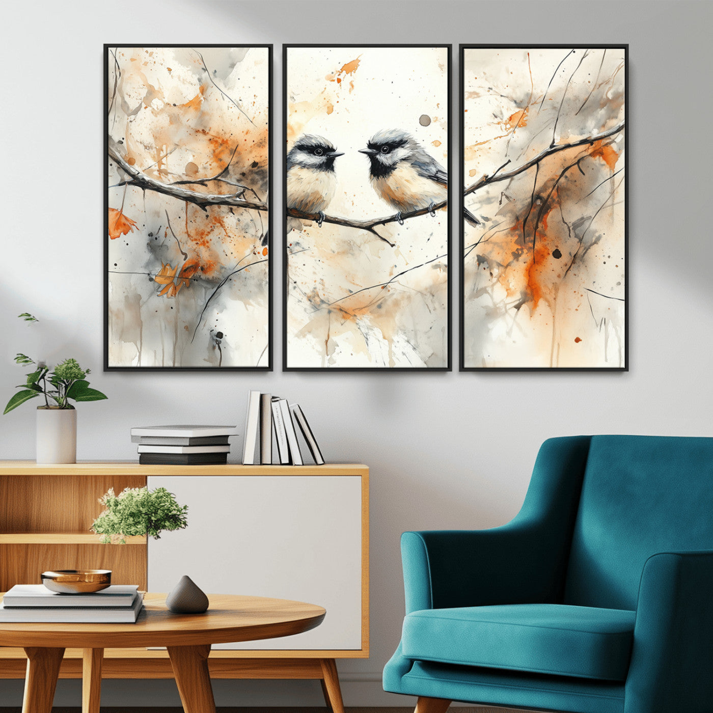 MGV-FC-48X32-3P - Abstract Watercolor Chickadee Bird Canvas Wall Art Print - Large Bird and Branch Wall Art, Modern
