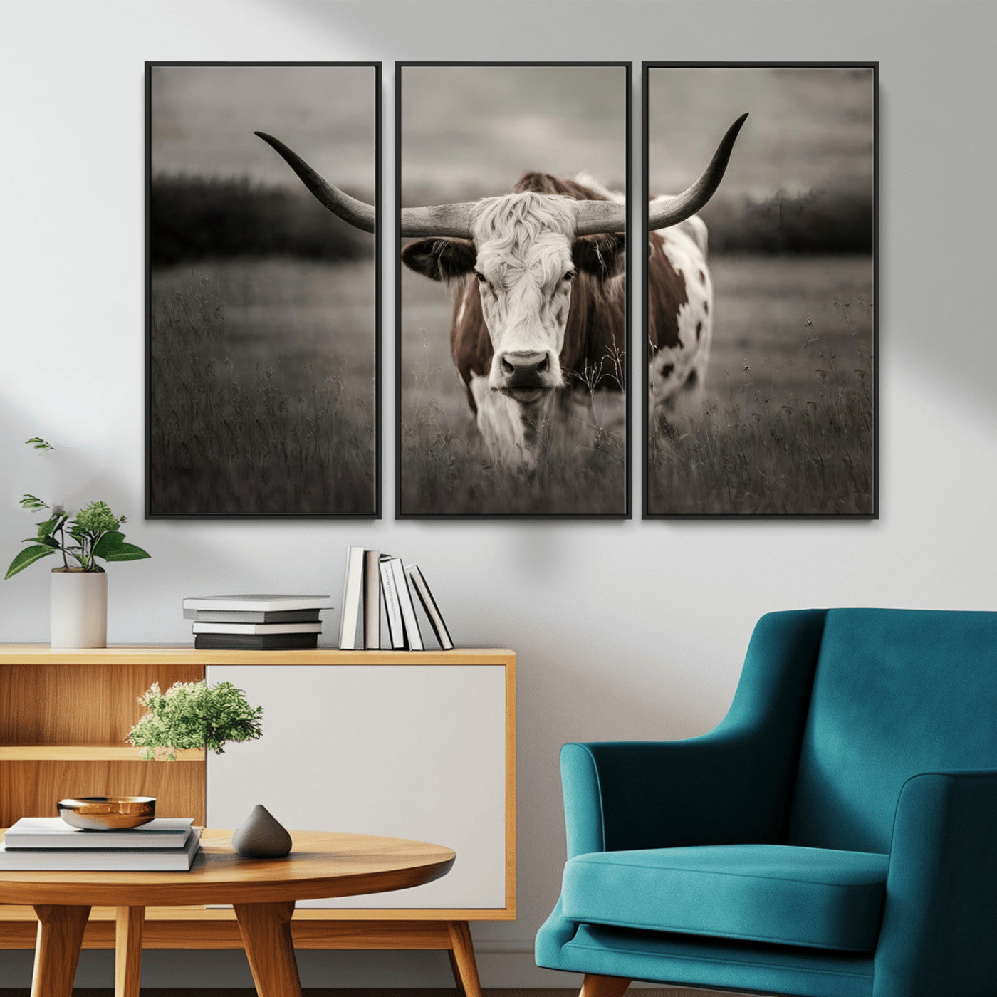 MGV-FC-48X32-3P - Texas Longhorn Cow Canvas Wall Art Print - Large Rustic Longhorn Art for Living Room, Western Wall