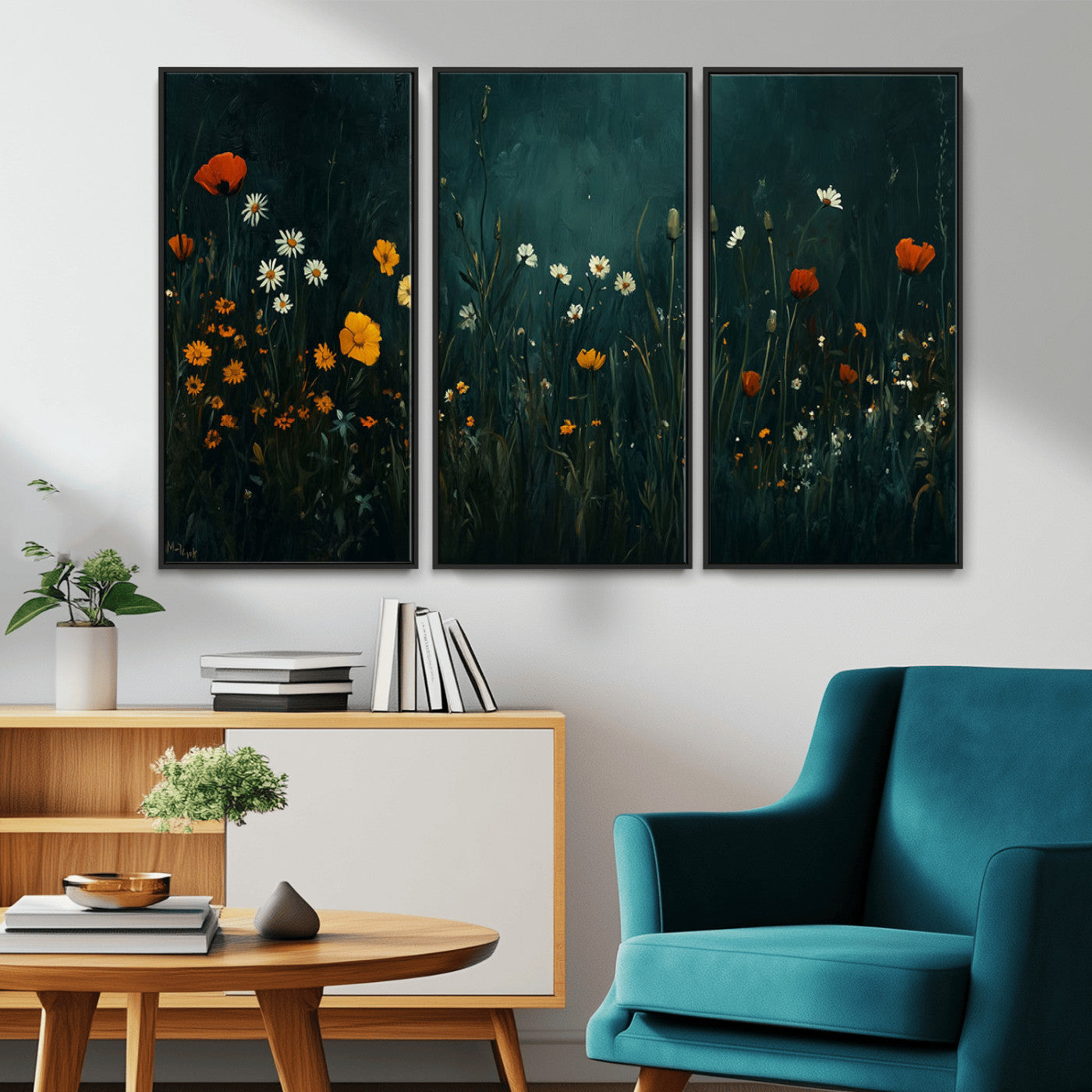 MGV-FC-48X32-3P - Framed Wildflower Field Wall Art, Framed Vintage Botanical Landscape Sign, Floral Decor, Modern